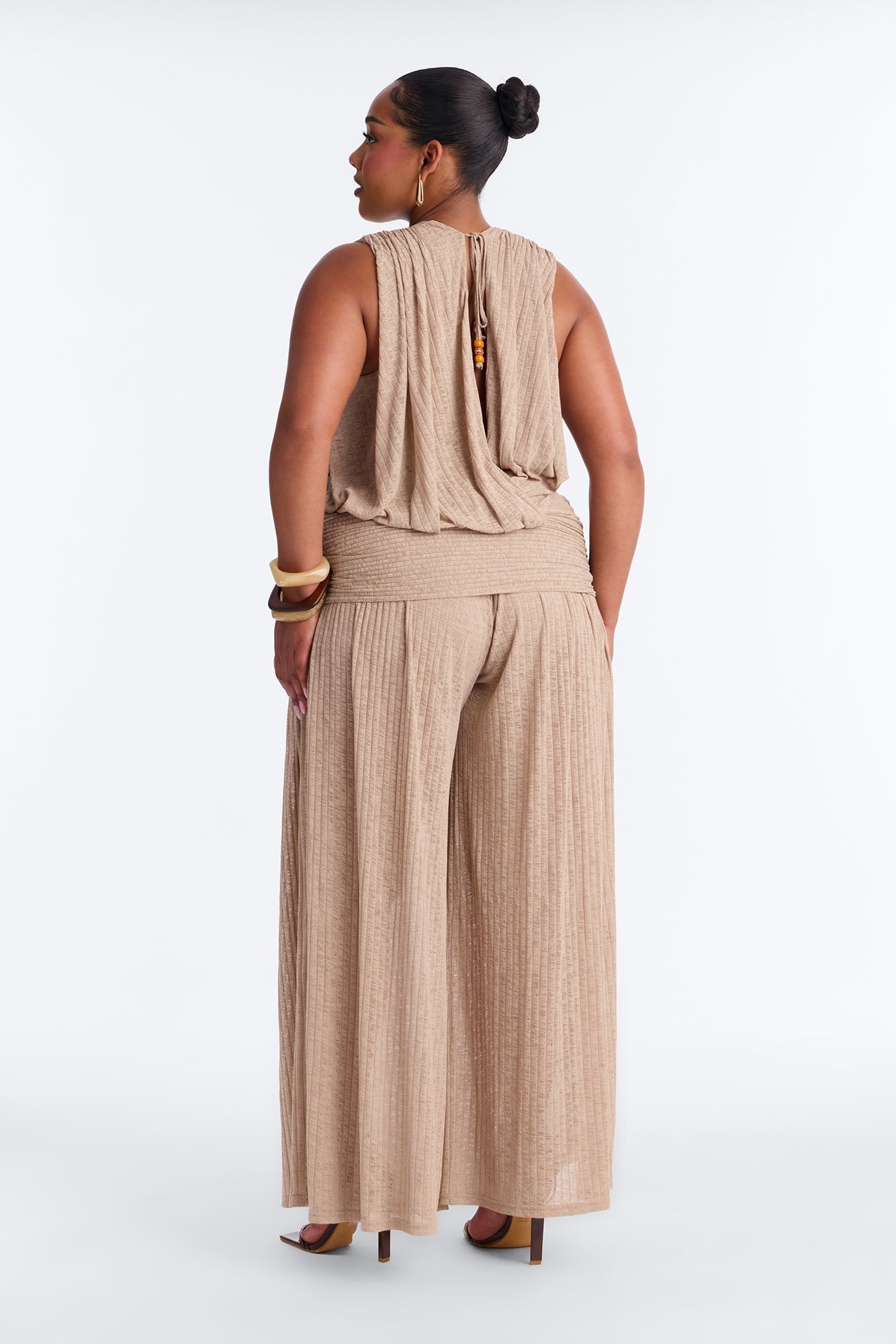 Romy Beaded Wide Leg Slit Jumpsuit - Taupe NEWFASHIONEDGE