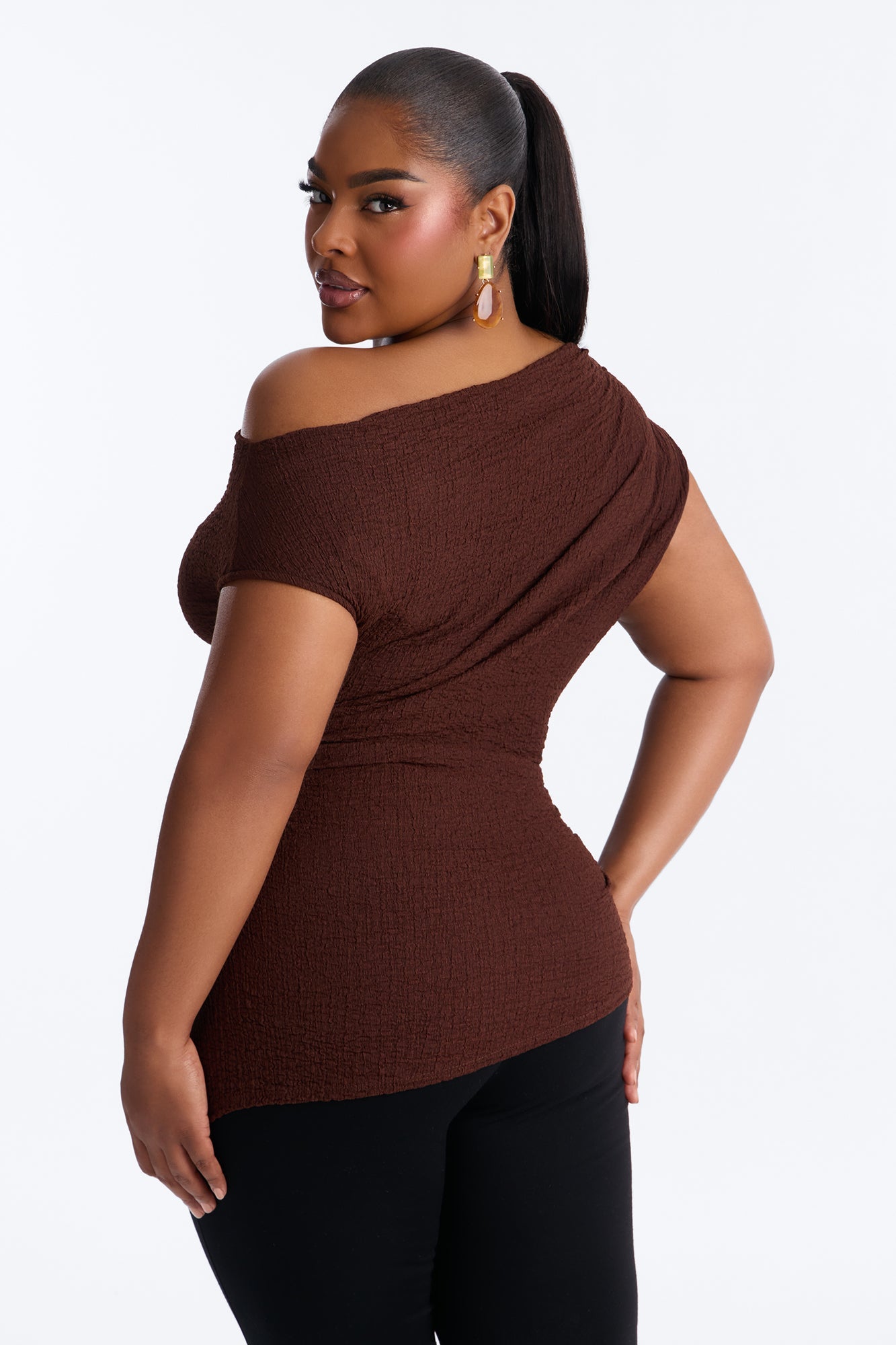 Tropical Tease Textured Off Shoulder Short Sleeve Top - Brown Fashion Nova