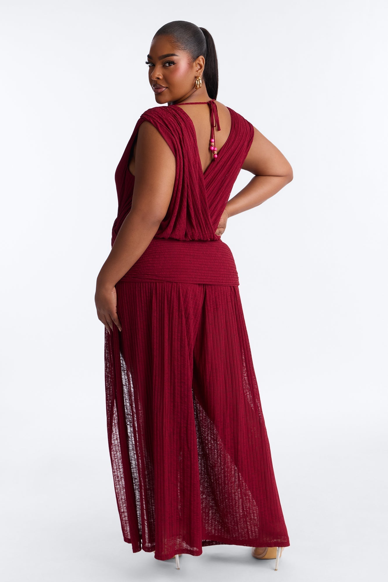 Romy Beaded Wide Leg Slit Jumpsuit - Wine NEWFASHIONEDGE