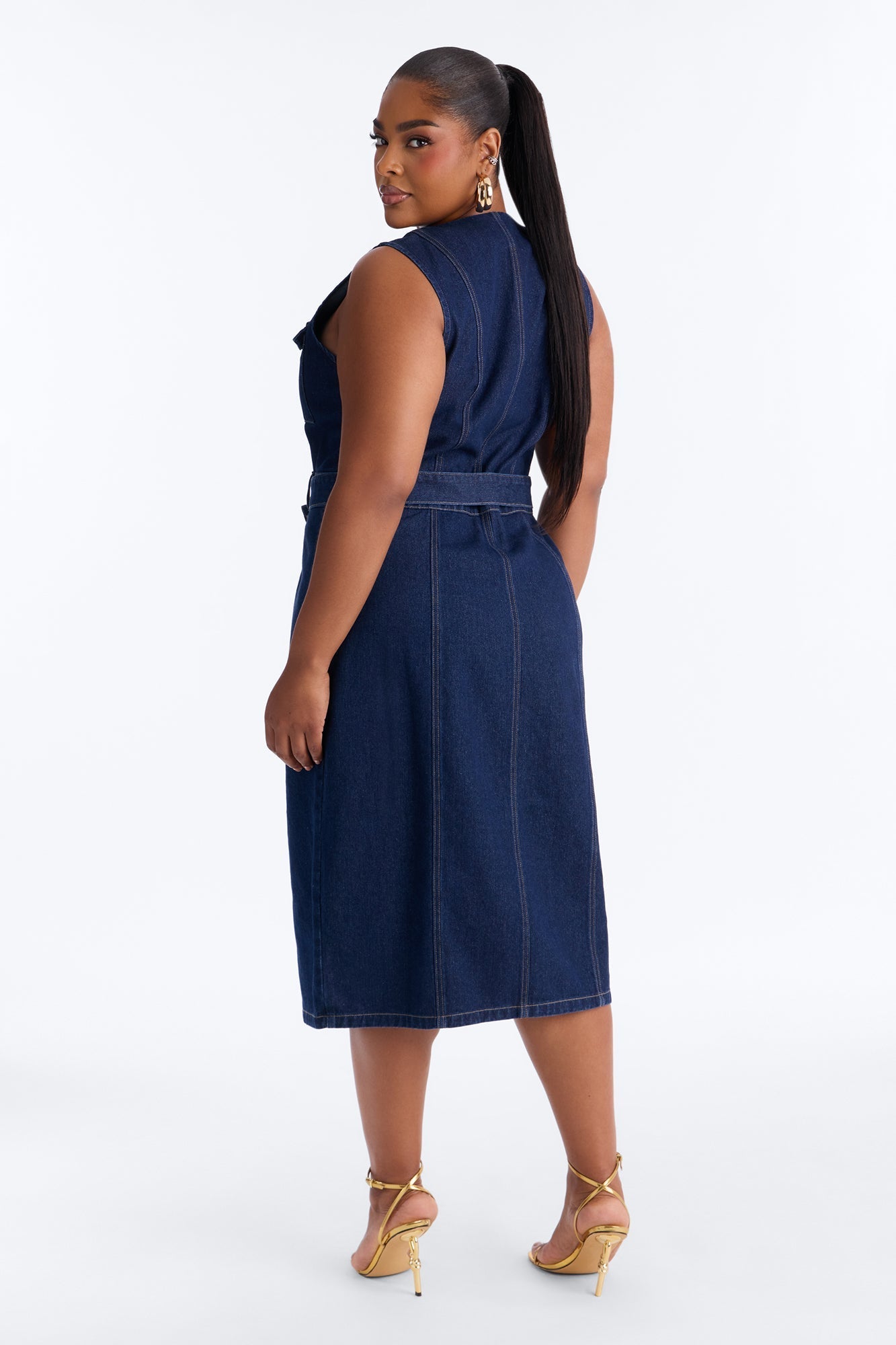 Isla Belted Denim Midi Dress - Dark Wash NEWFASHIONEDGE