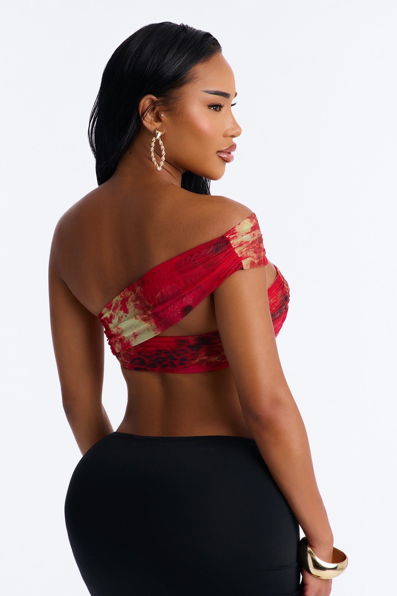 Alina Mesh Off Shoulder Ruched Cropped Top - Red/combo Fashion Nova