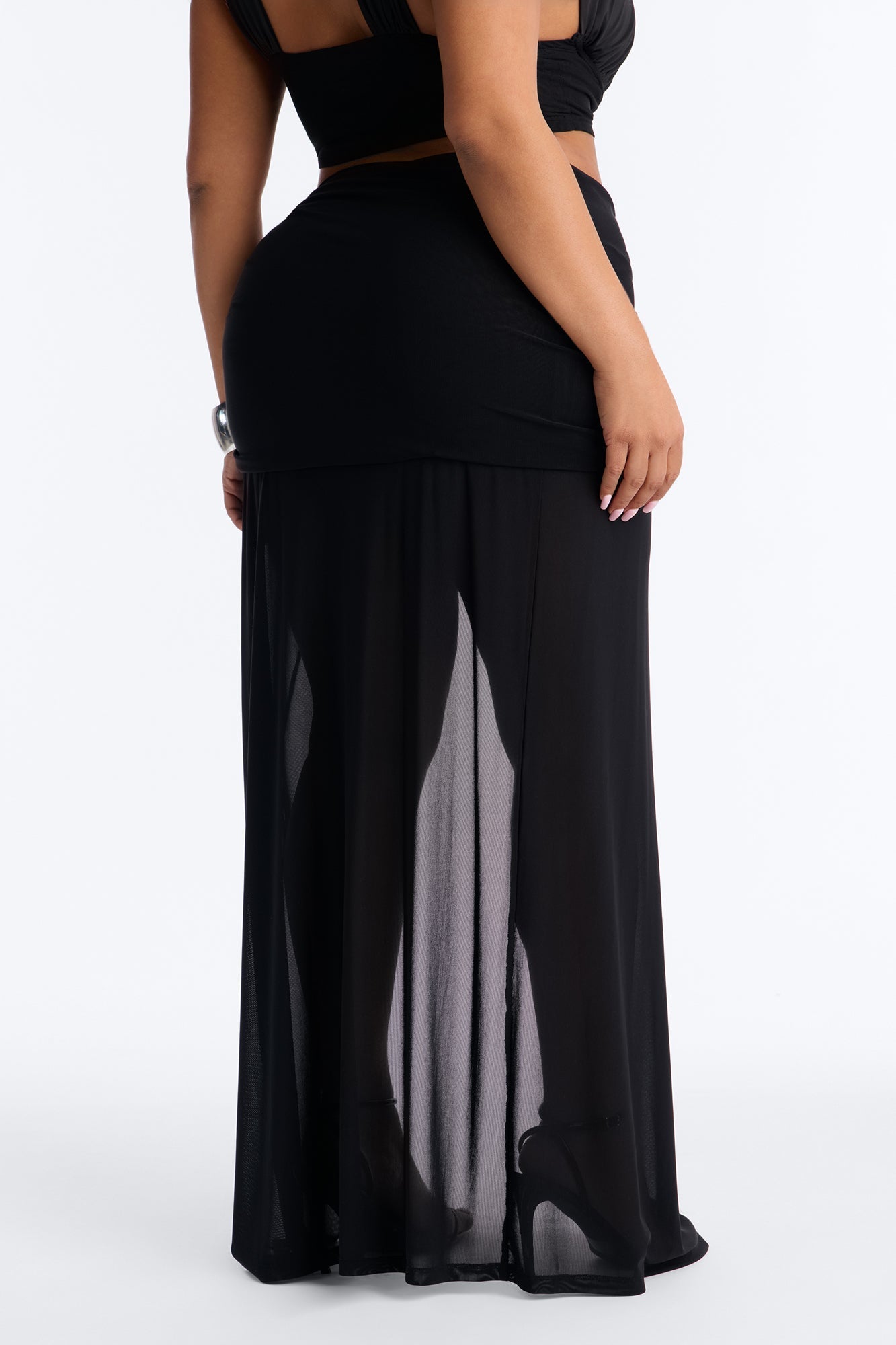 Stolen Moments Ruched Slit Mesh Maxi Skirt - Black NEWFASHIONEDGE
