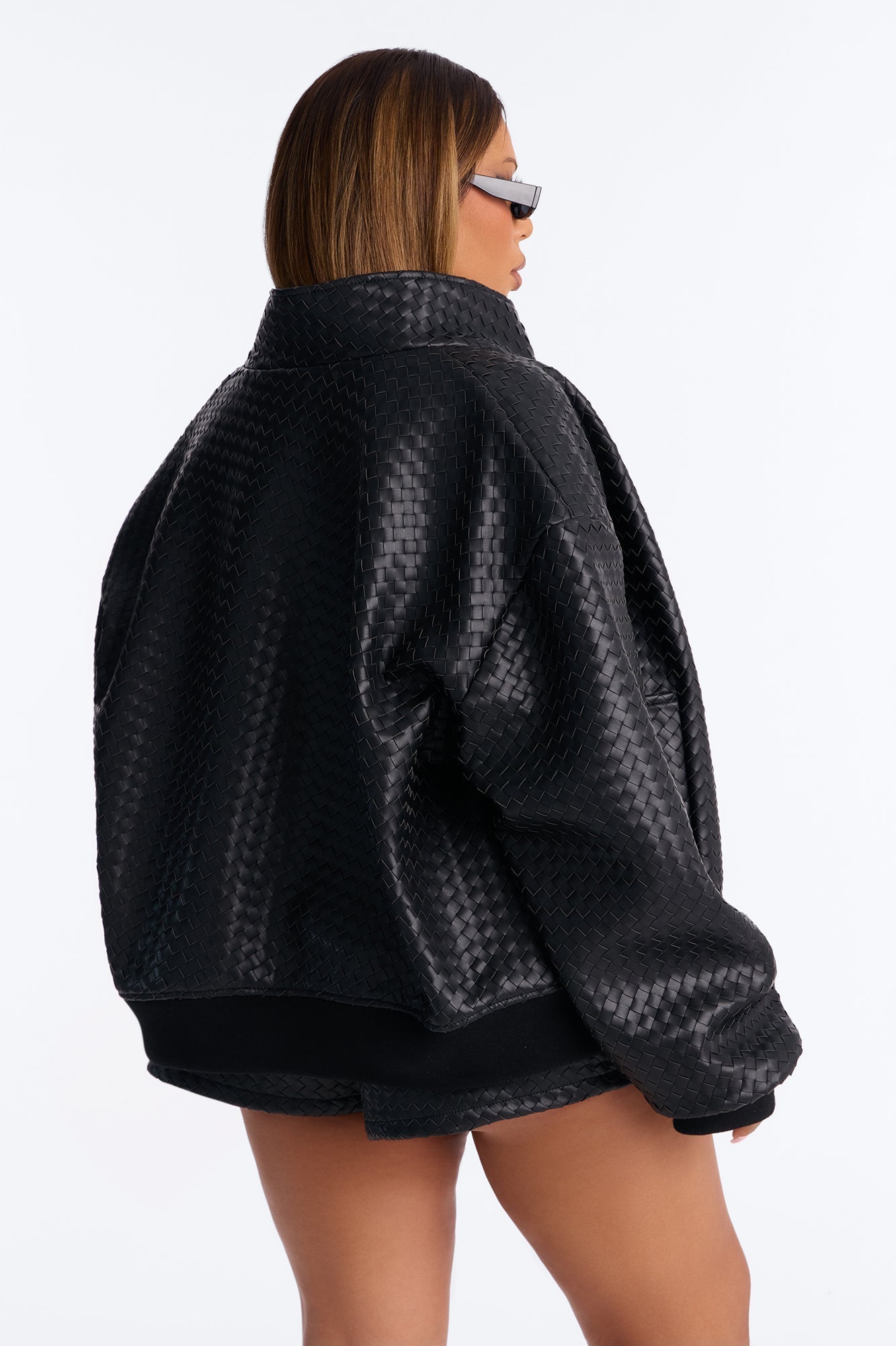 Vivian Woven Faux Leather Bomber Jacket - Black NEWFASHIONEDGE