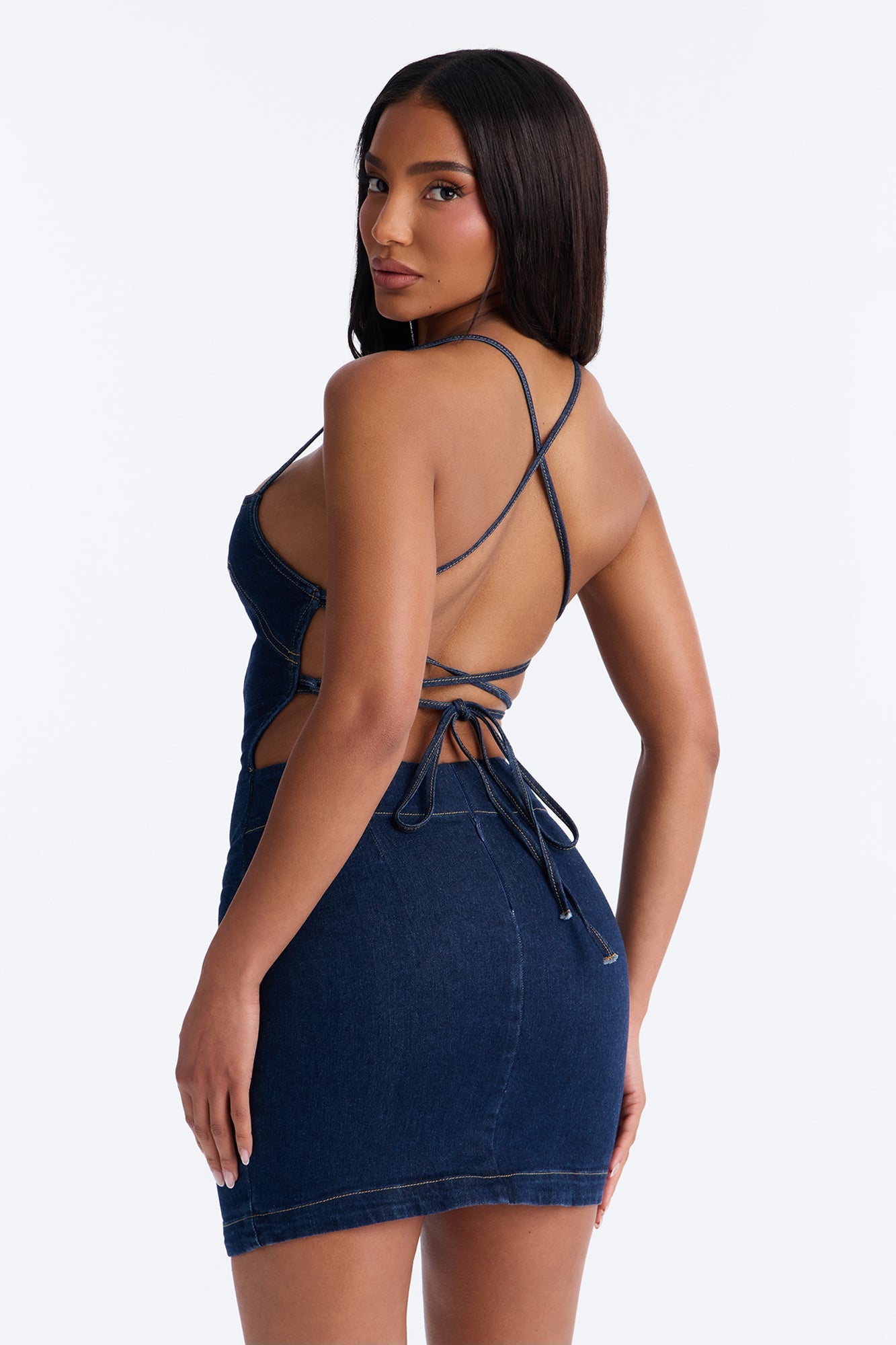 Tied To You Denim Mini Dress - Dark Wash Fashion Nova