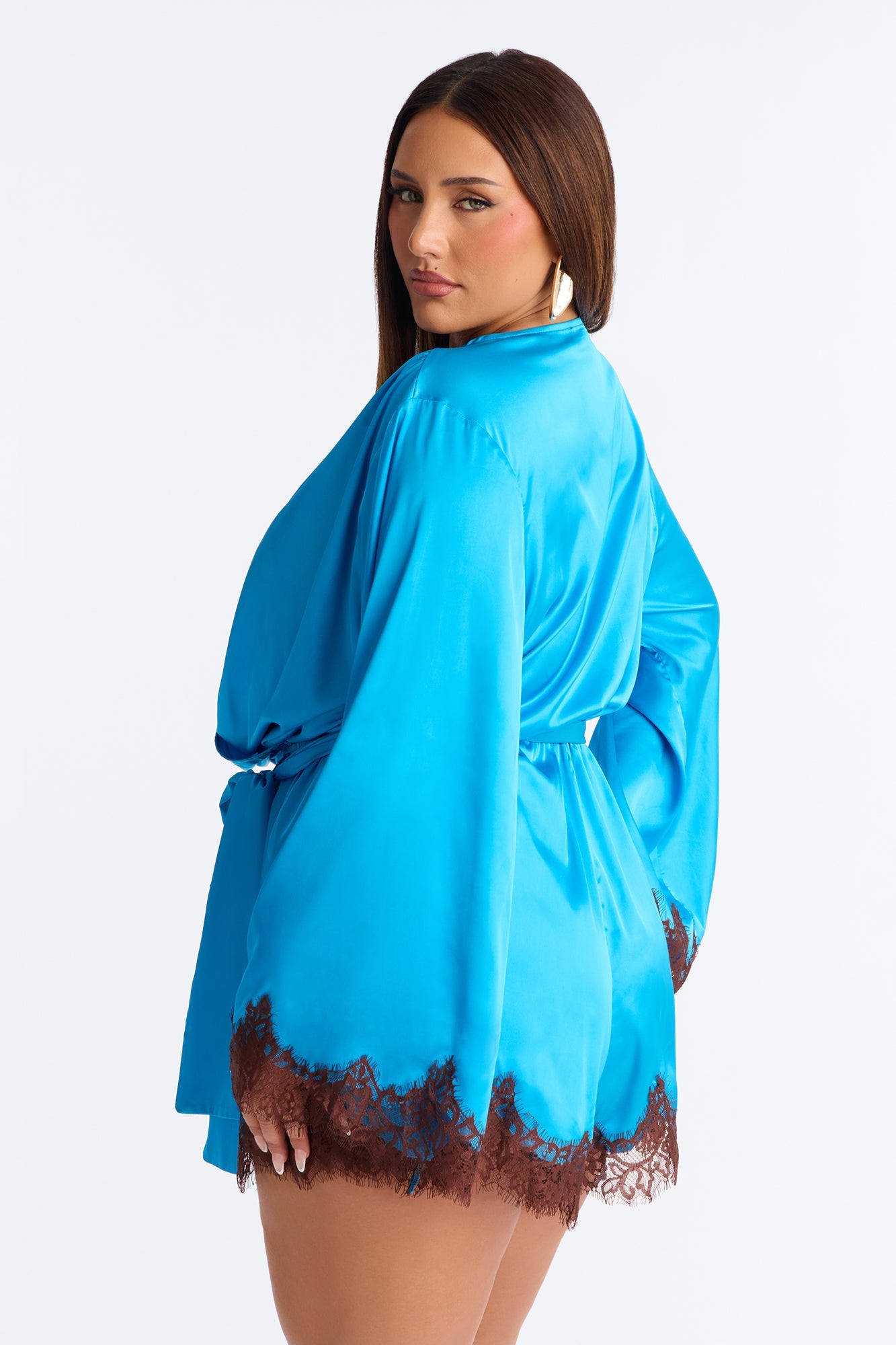 Cherie Satin Lace Trim Romper - Blue