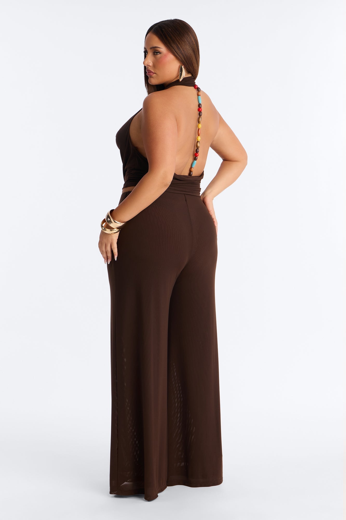 After Dark Behavior Mesh Halter Pant Set - Chocolate NEWFASHIONEDGE