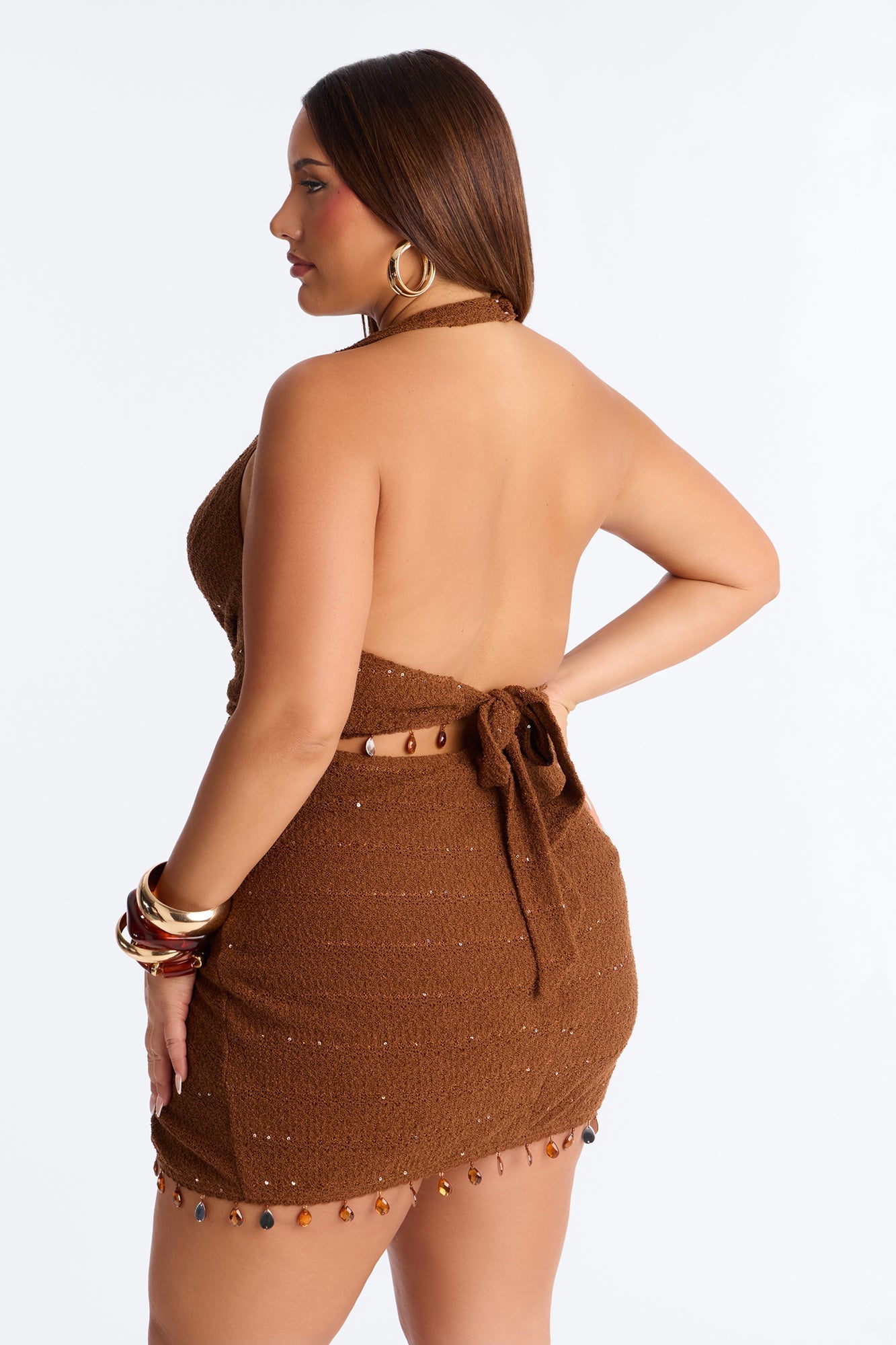 Faelynn Fringe Trim Crochet Mini Dress - Brown