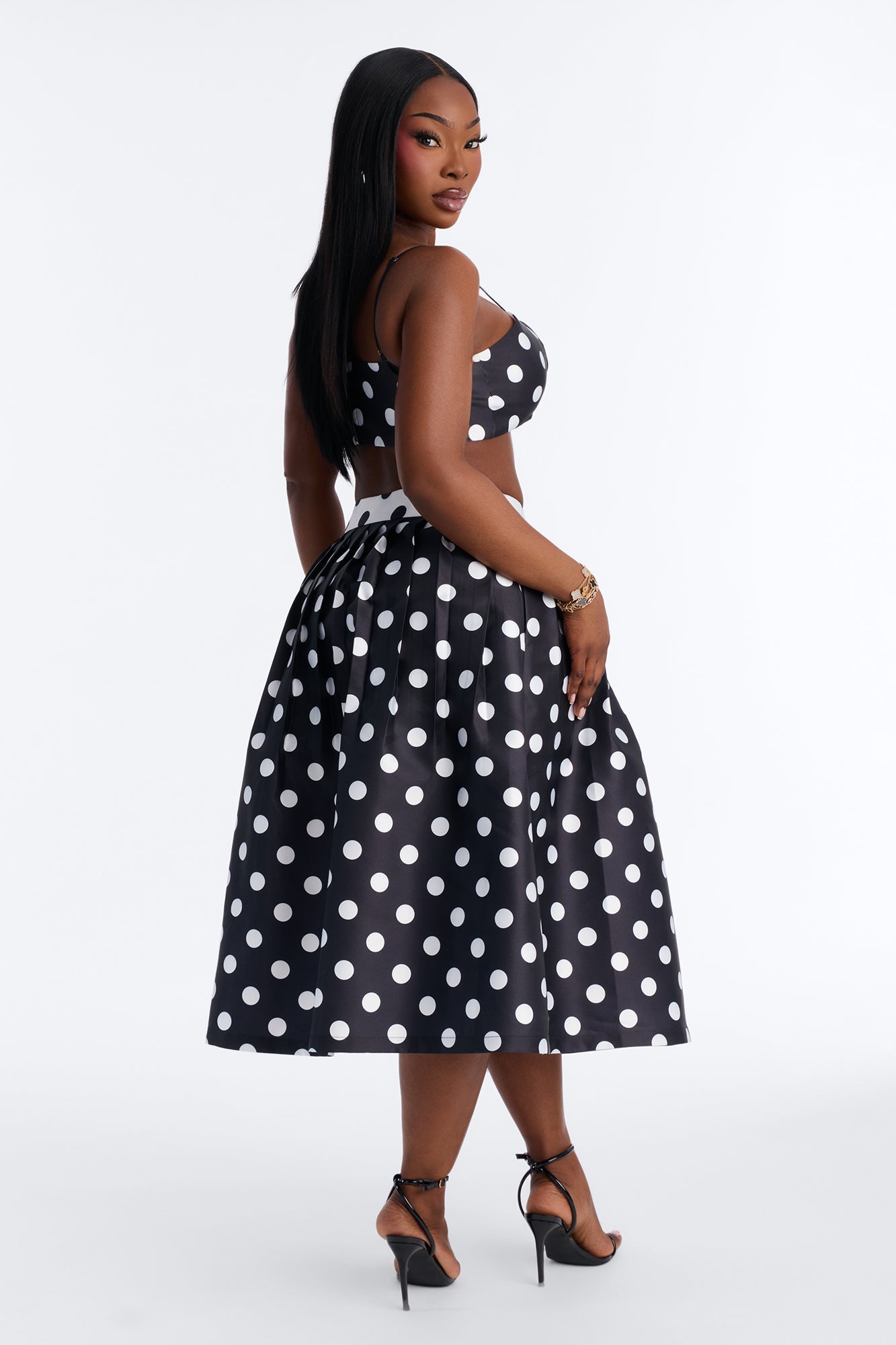 Marielle Pleated Polka Dot Midi Skirt - Black/White NEWFASHIONEDGE