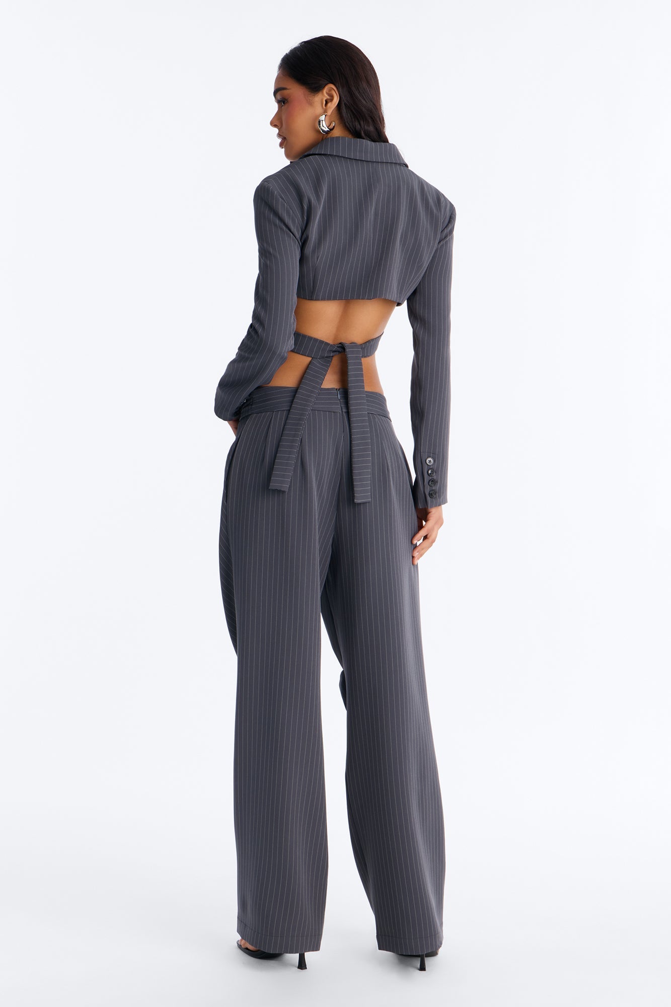 Back To Business Cropped Blazer And Pant Set - Grey