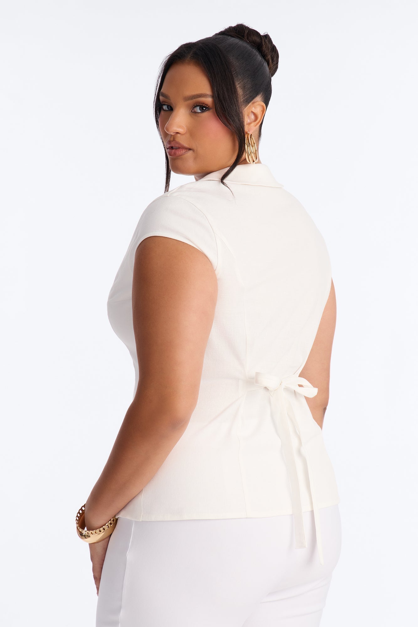 Little Cute Moment Tie Back Linen Shirt - White NEWFASHIONEDGE