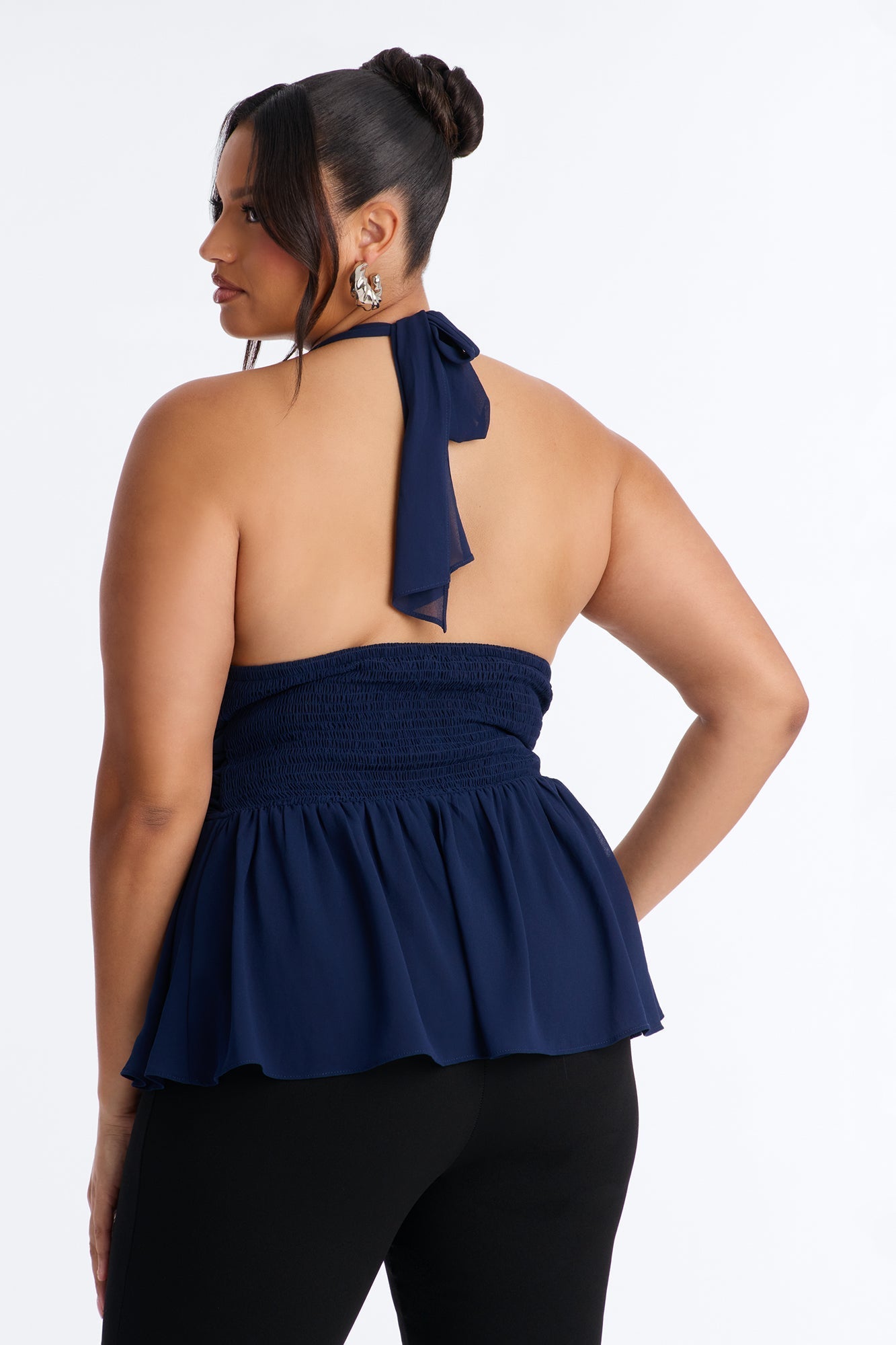 Iced Lattes Ruffle Chiffon Halter Top - Navy NEWFASHIONEDGE