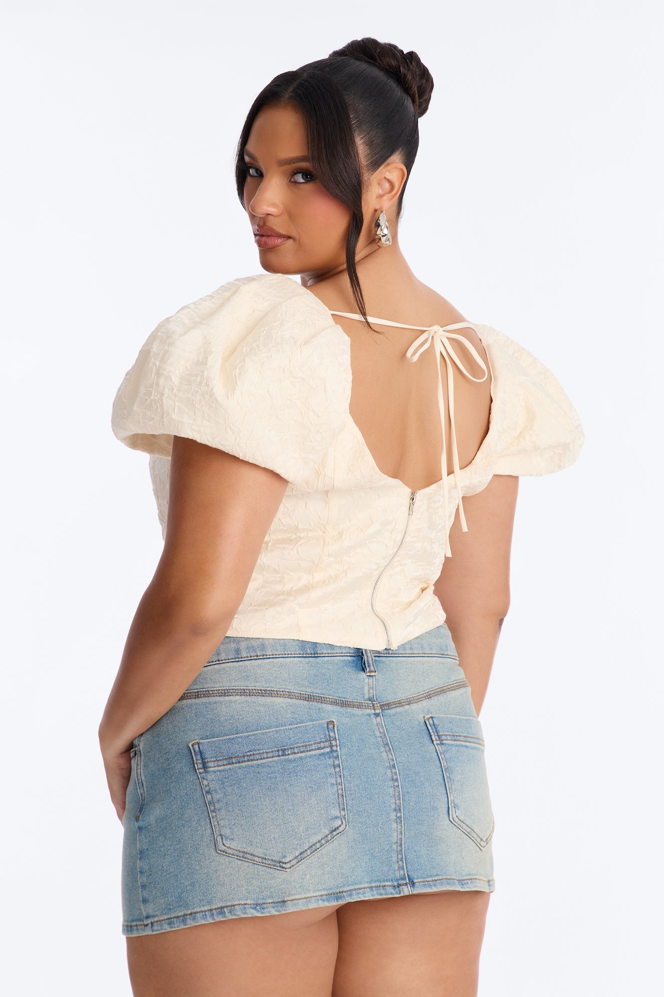 Royal Attitude Puff Sleeve Lace Up Top - Cream NEWFASHIONEDGE