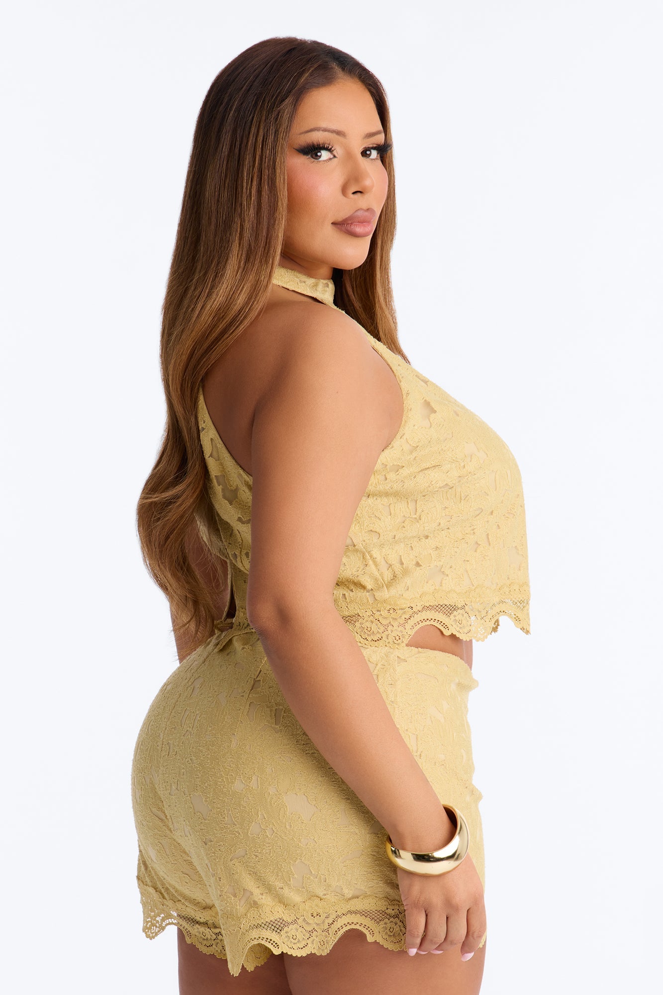 Lace Embrace Halter Top And Short Set - Yellow