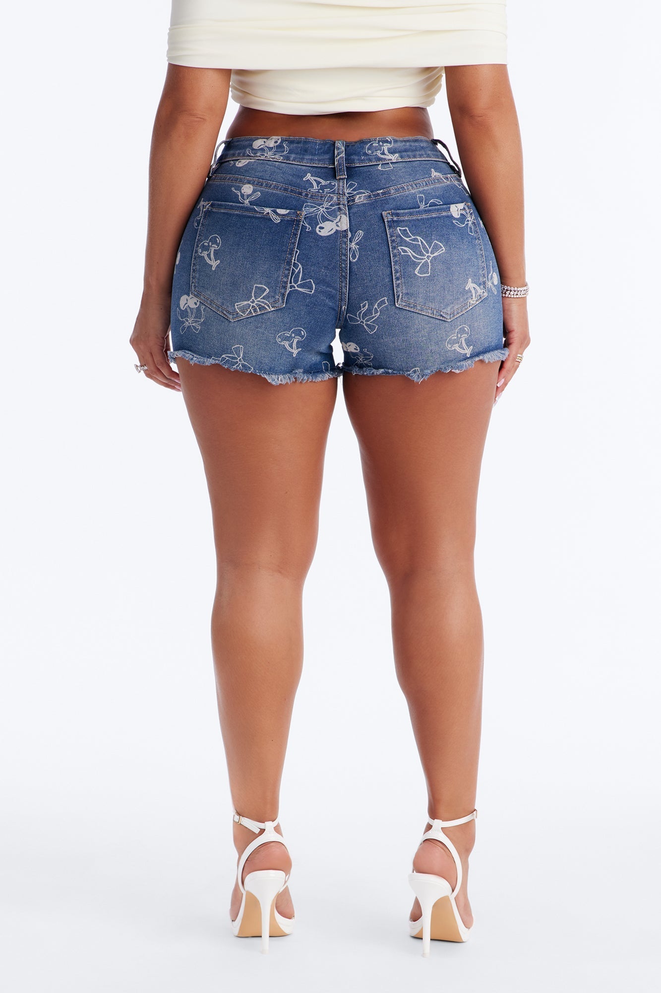 Mon Cheri Printed Denim Shorts - Vintage Wash NEWFASHIONEDGE