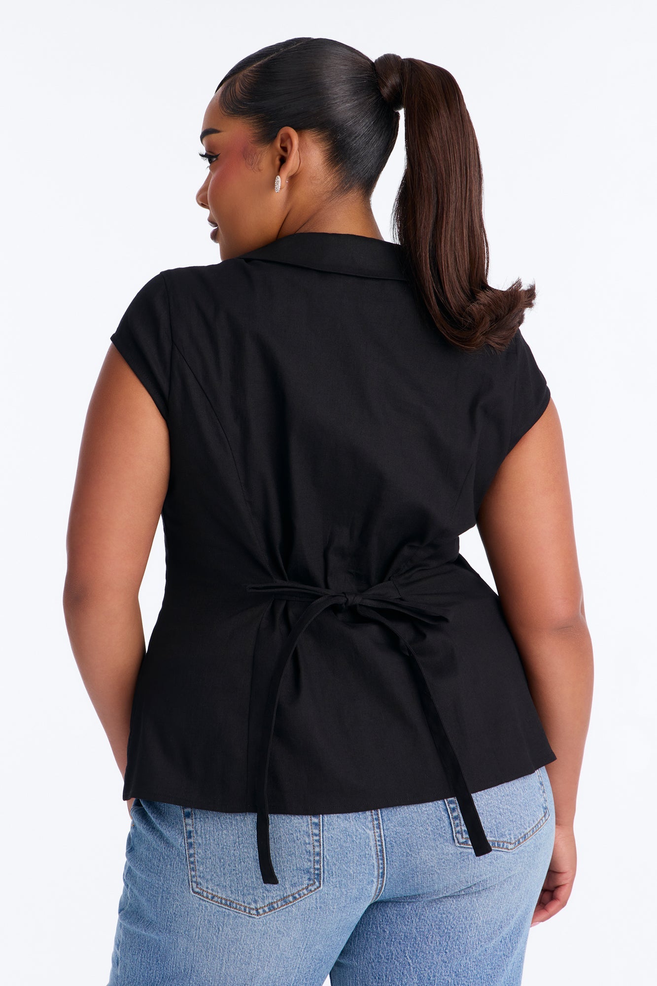 Little Cute Moment Tie Back Linen Shirt - Black