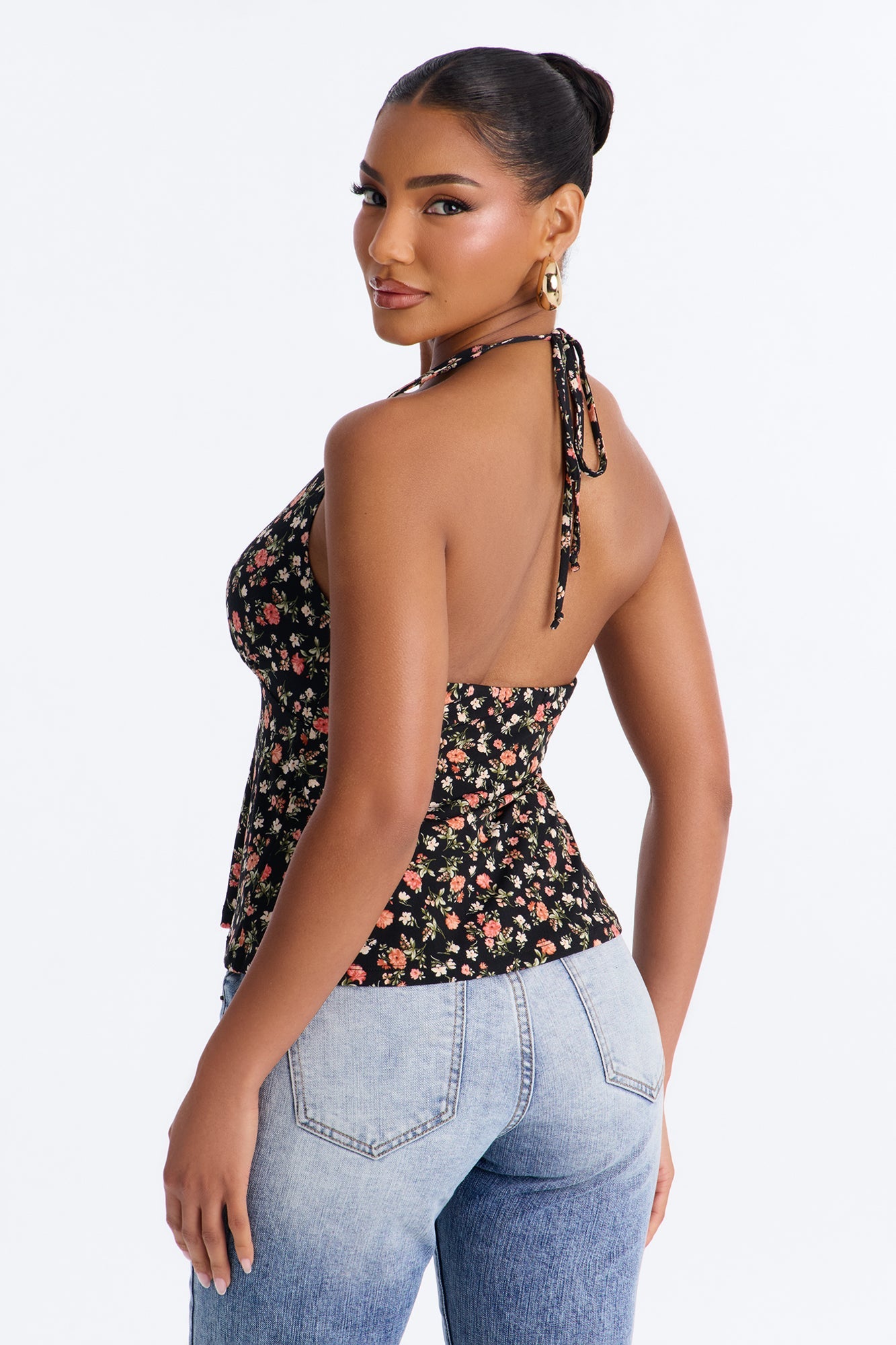 Rosie Double Lined Floral Halter Neck Top - Black Fashion Nova