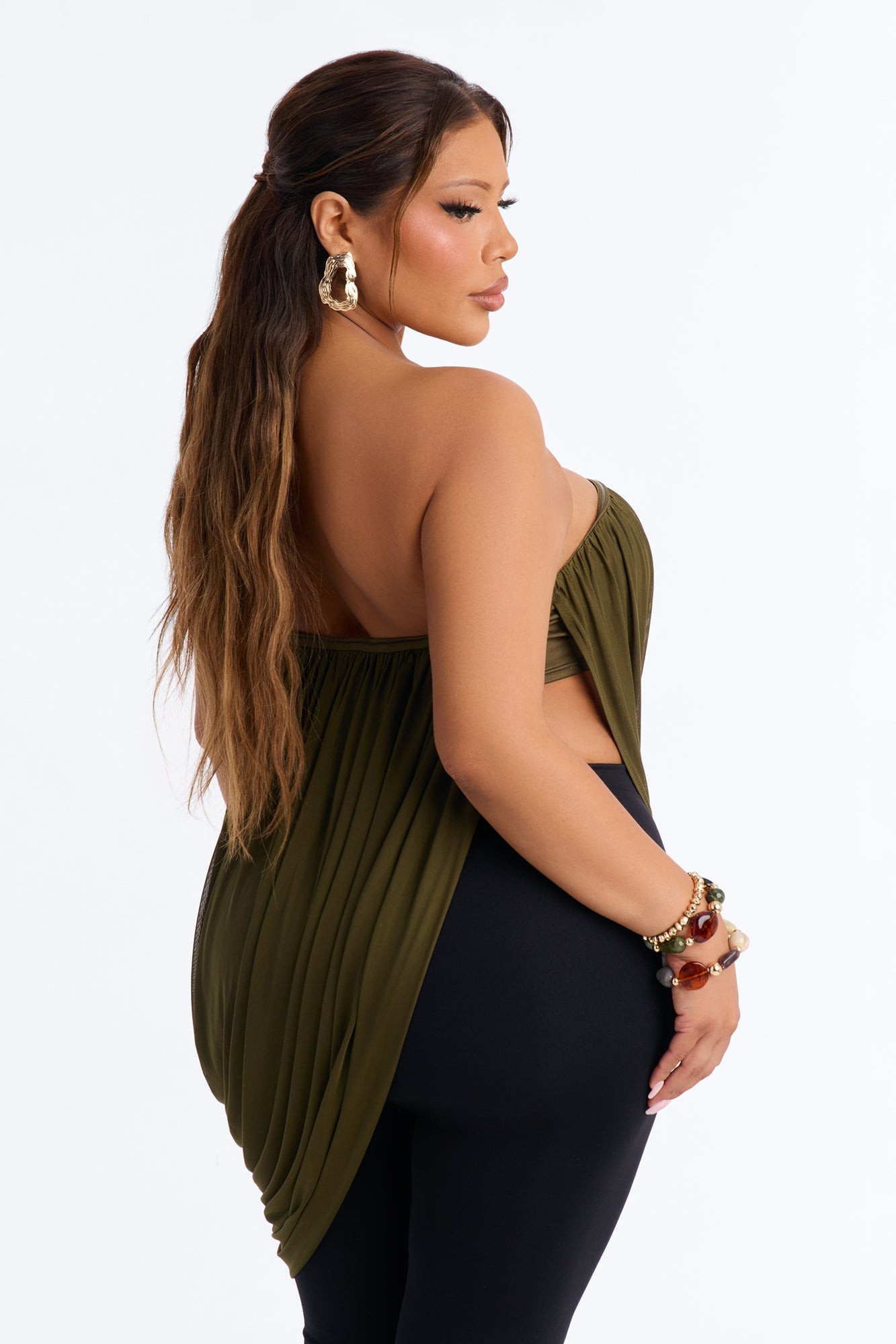 Bora Bora Nights Ruched Asymmetrical Mesh Top - Olive