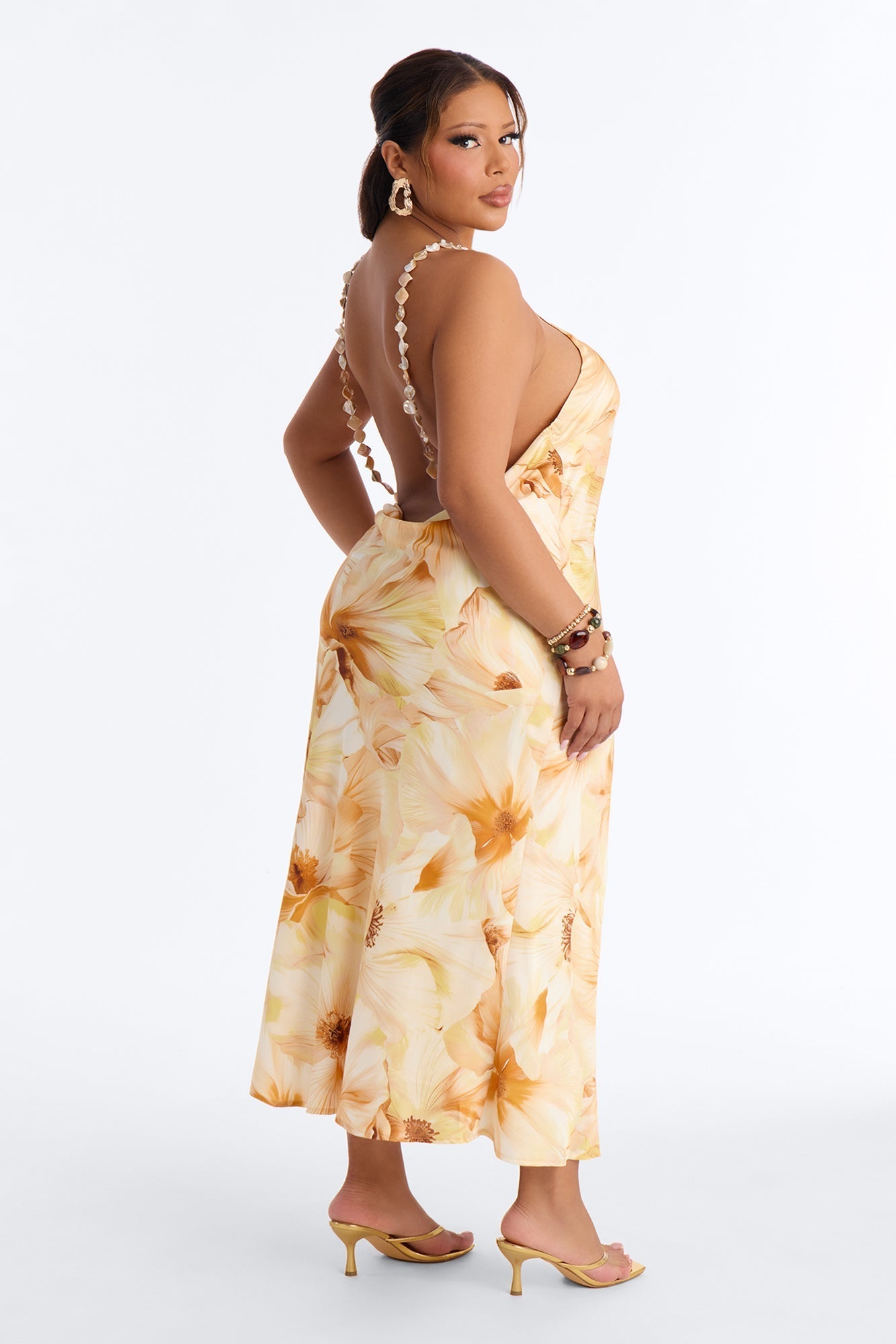Chiara Floral Satin Midi Dress - Yellow