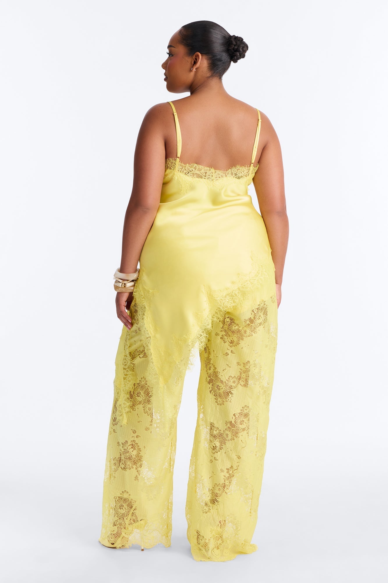Yasmin Satin Lace Pant Set - Yellow