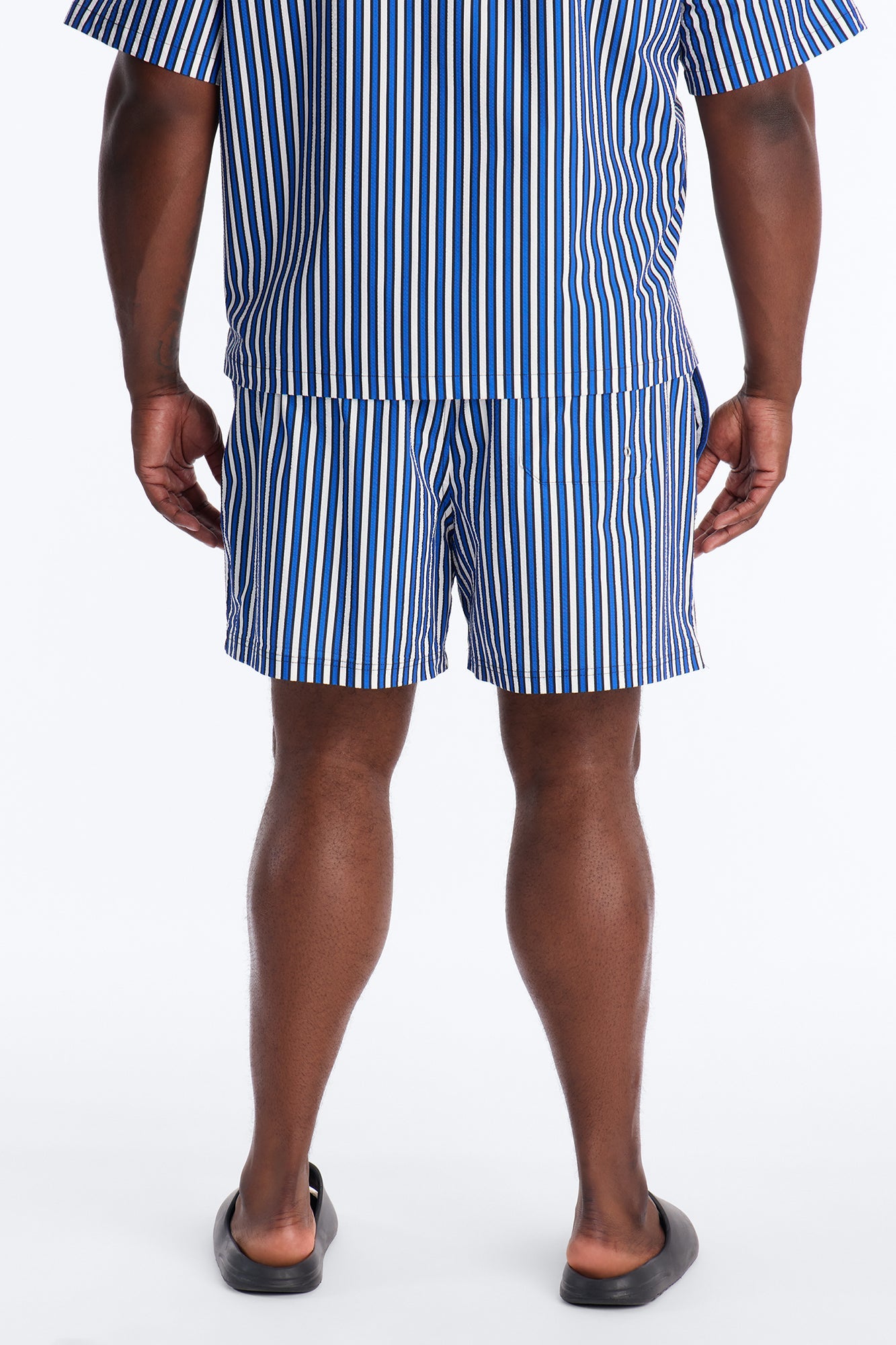 Palm Haven Striped Seersucker Swim Trunk 6″ - Blue