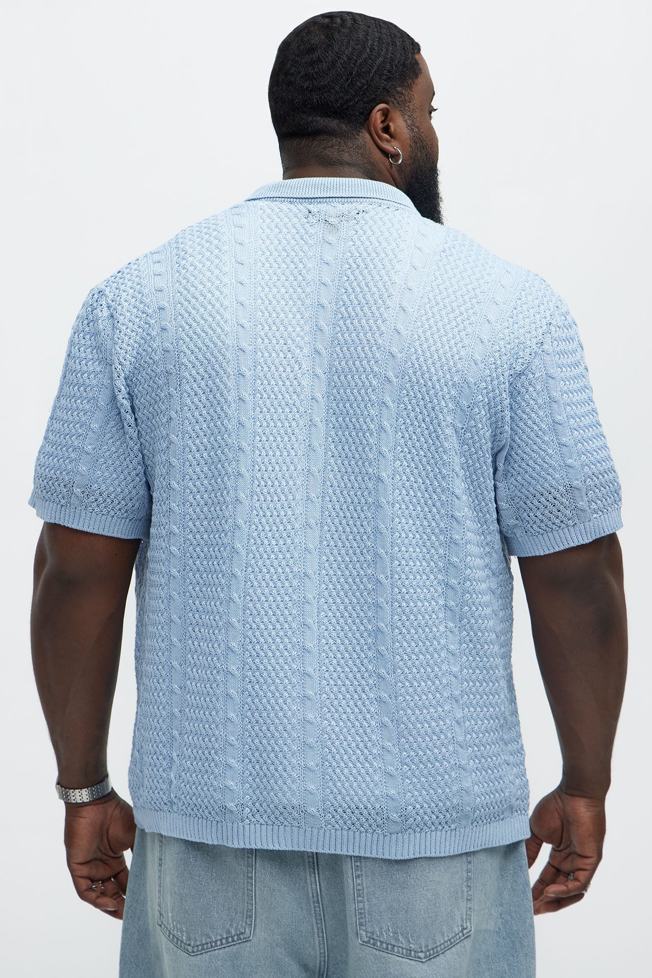 Unwind Cable Knit Short Sleeve Button Up - Blue