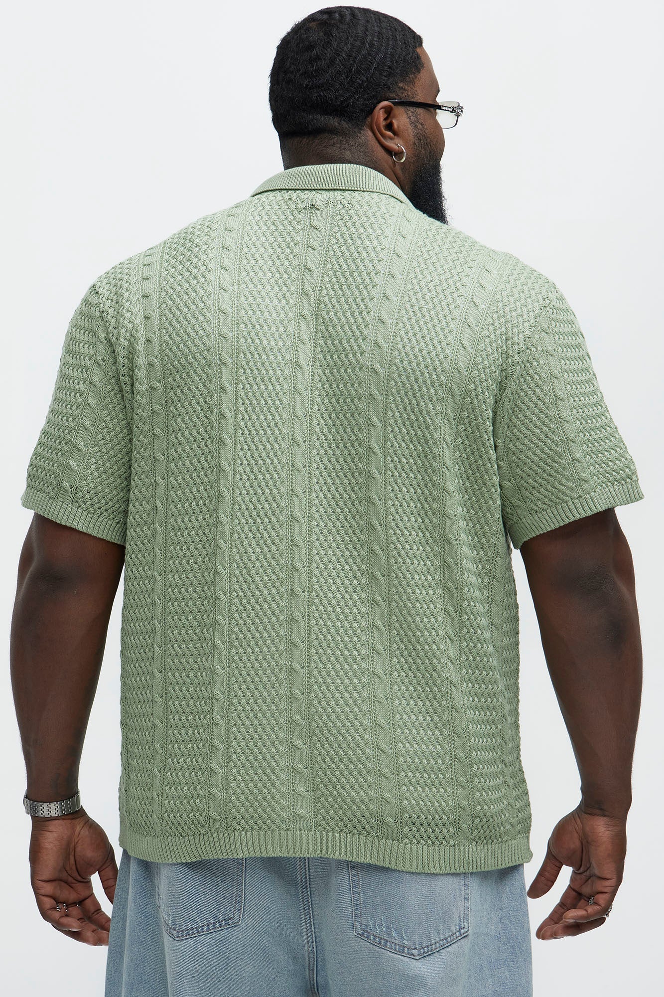 Unwind Cable Knit Short Sleeve Button Up - Sage