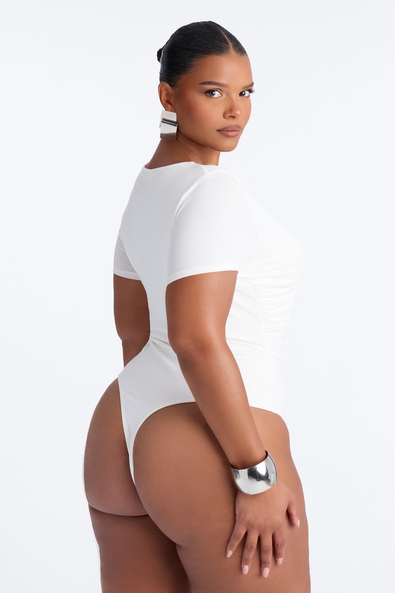 Danielle Deep V Neck Short Sleeve Bodysuit - White NEWFASHIONEDGE
