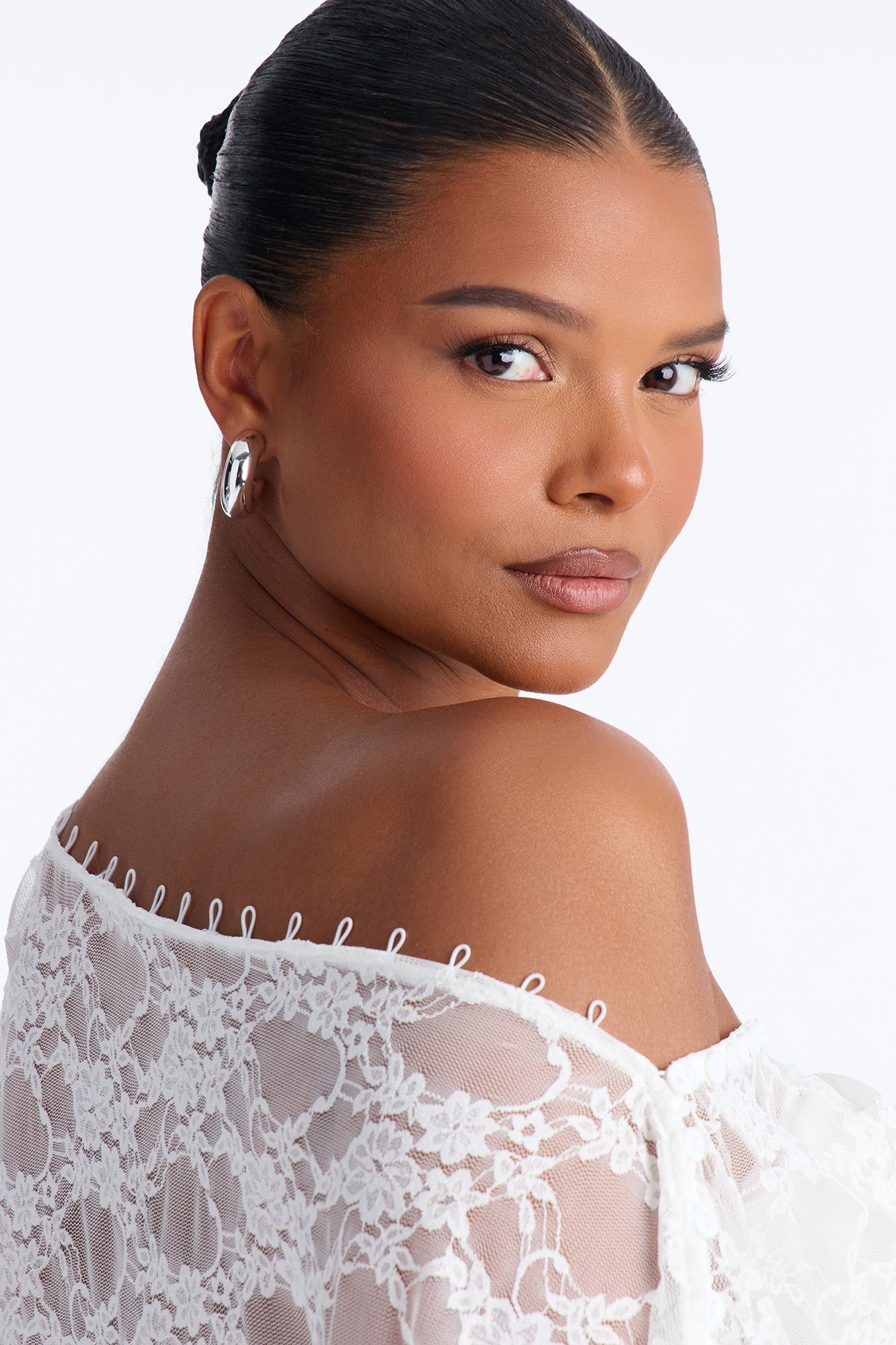 Olivia Off Shoulder Sheer Lace Top - White NEWFASHIONEDGE