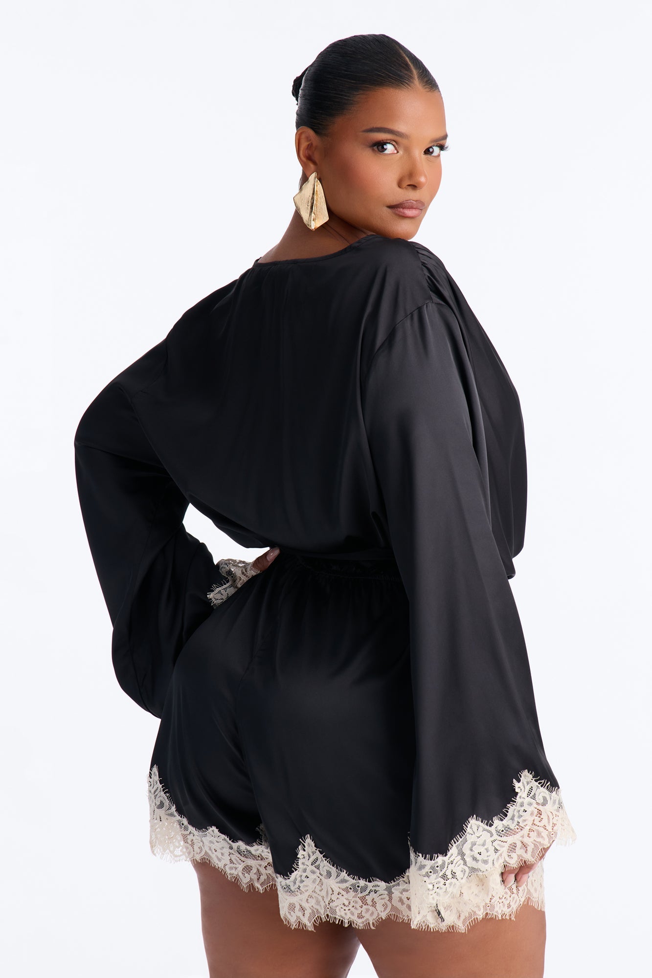 Cherie Satin Lace Trim Romper - Black