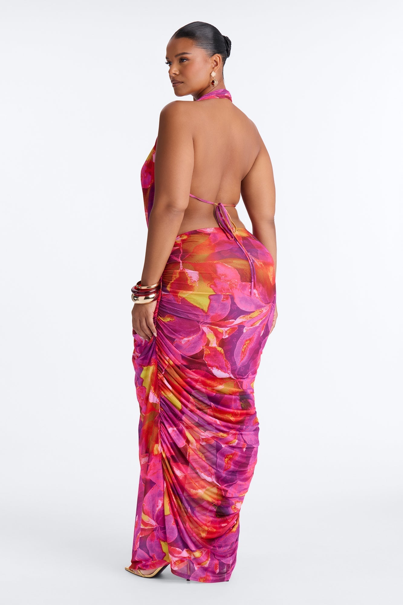 Kyla Halter Printed Mesh Maxi Dress - Magenta/combo NEWFASHIONEDGE