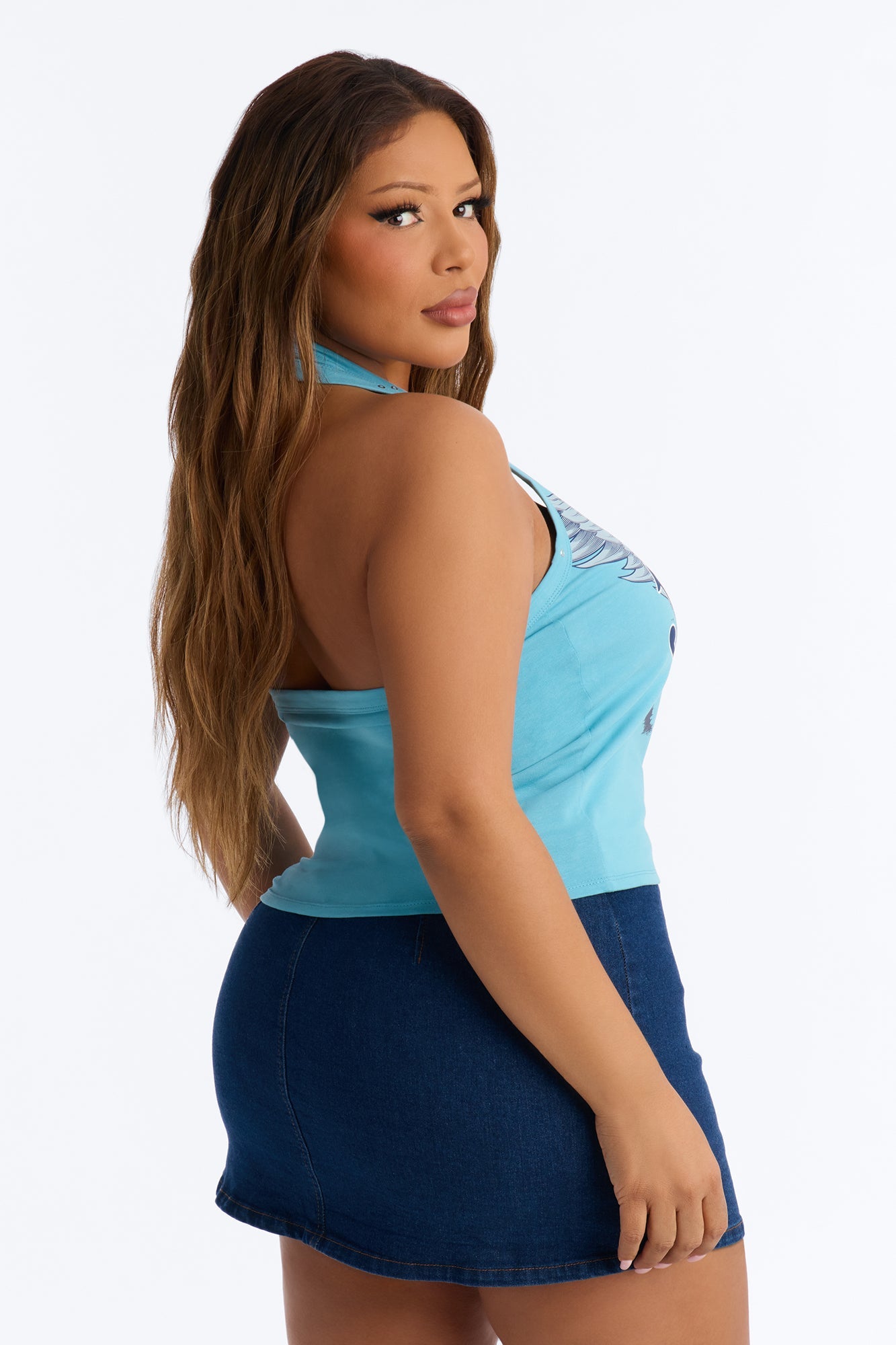Von Dutch Rocker Halter Top With Grommets - Light Blue