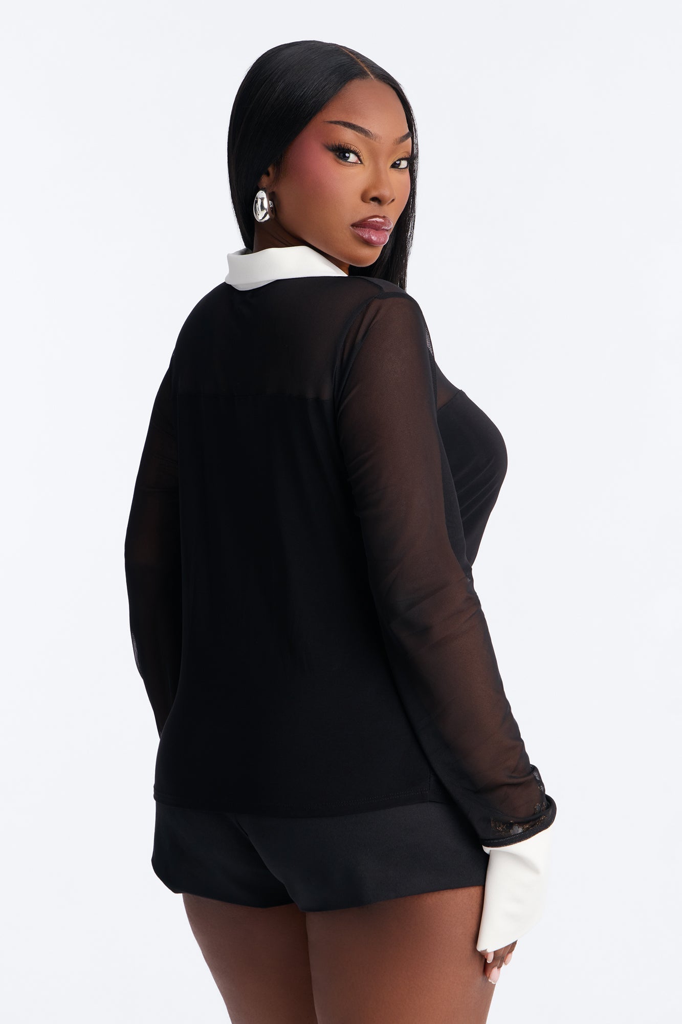 Strictly Yours Ruched Mesh Long Sleeve Shirt - Black/combo