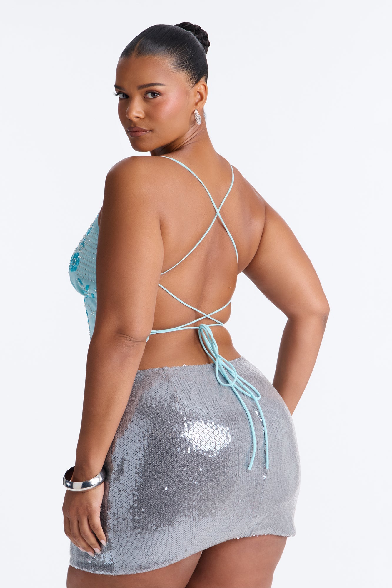 Catch Me Front Row Sequin Strappy Back Top - Light Blue
