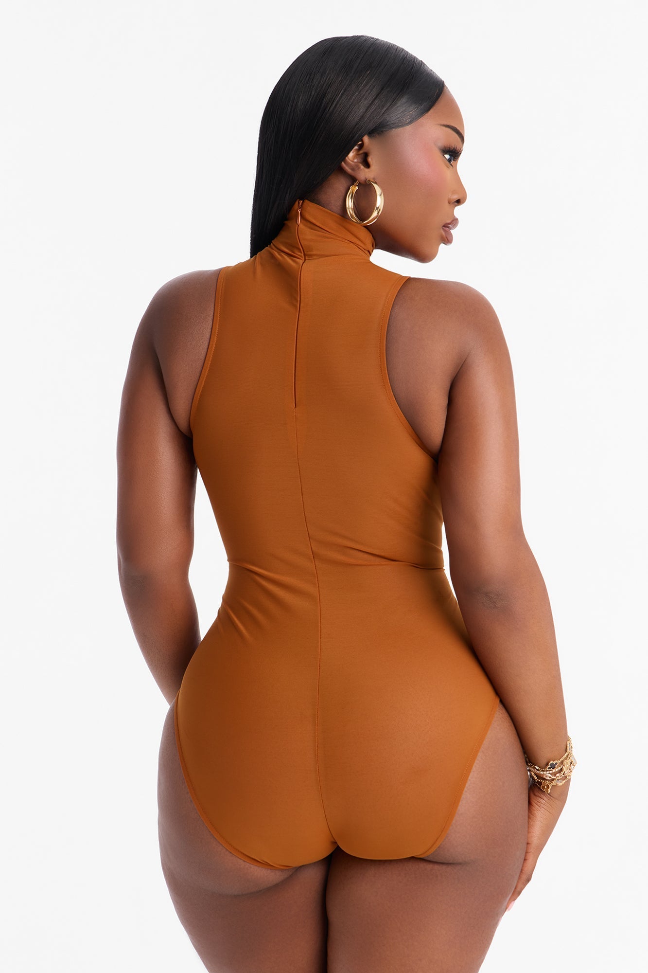 Power Mesh Turtle Neck Sleeveless Bodysuit - Copper