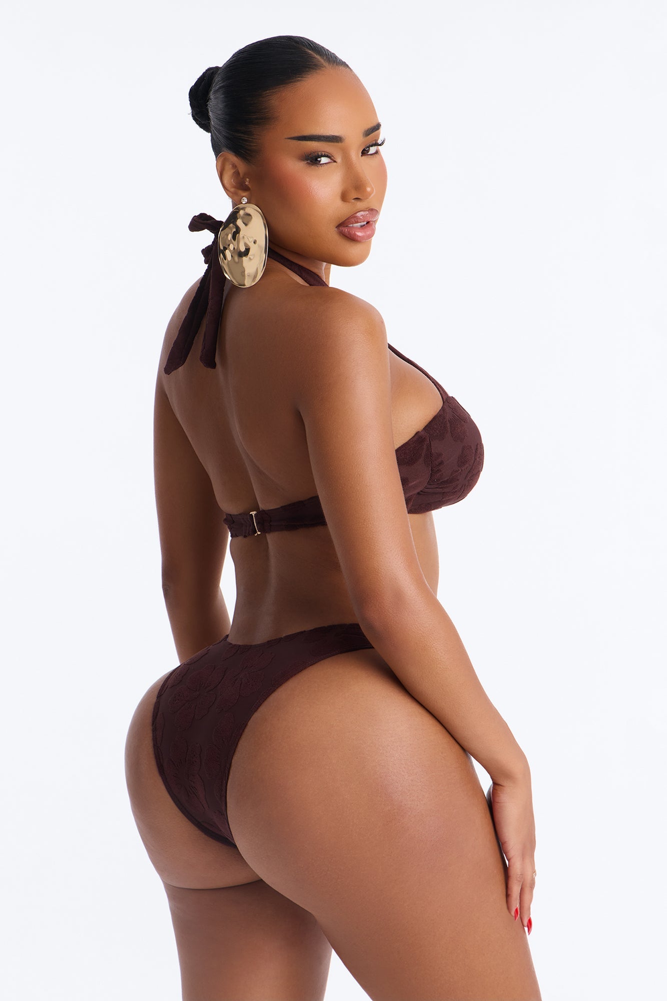 Coconut Drip Textured Hibiscus 3 Piece Bikini Skirt Set - Brown