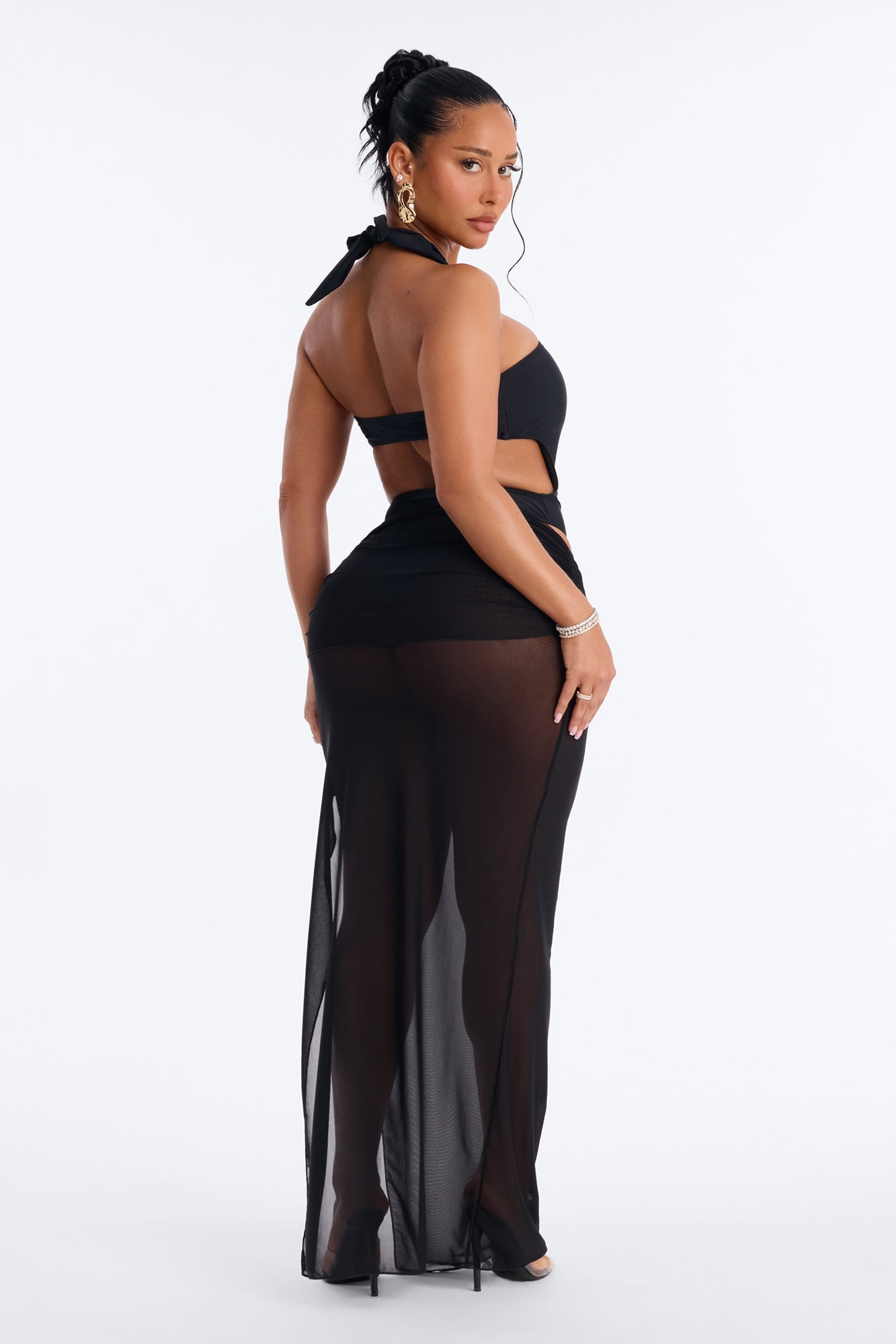 Biayna 1 Piece Halter Cut Out Swimsuit & Cover Up Maxi Skirt Set - Black