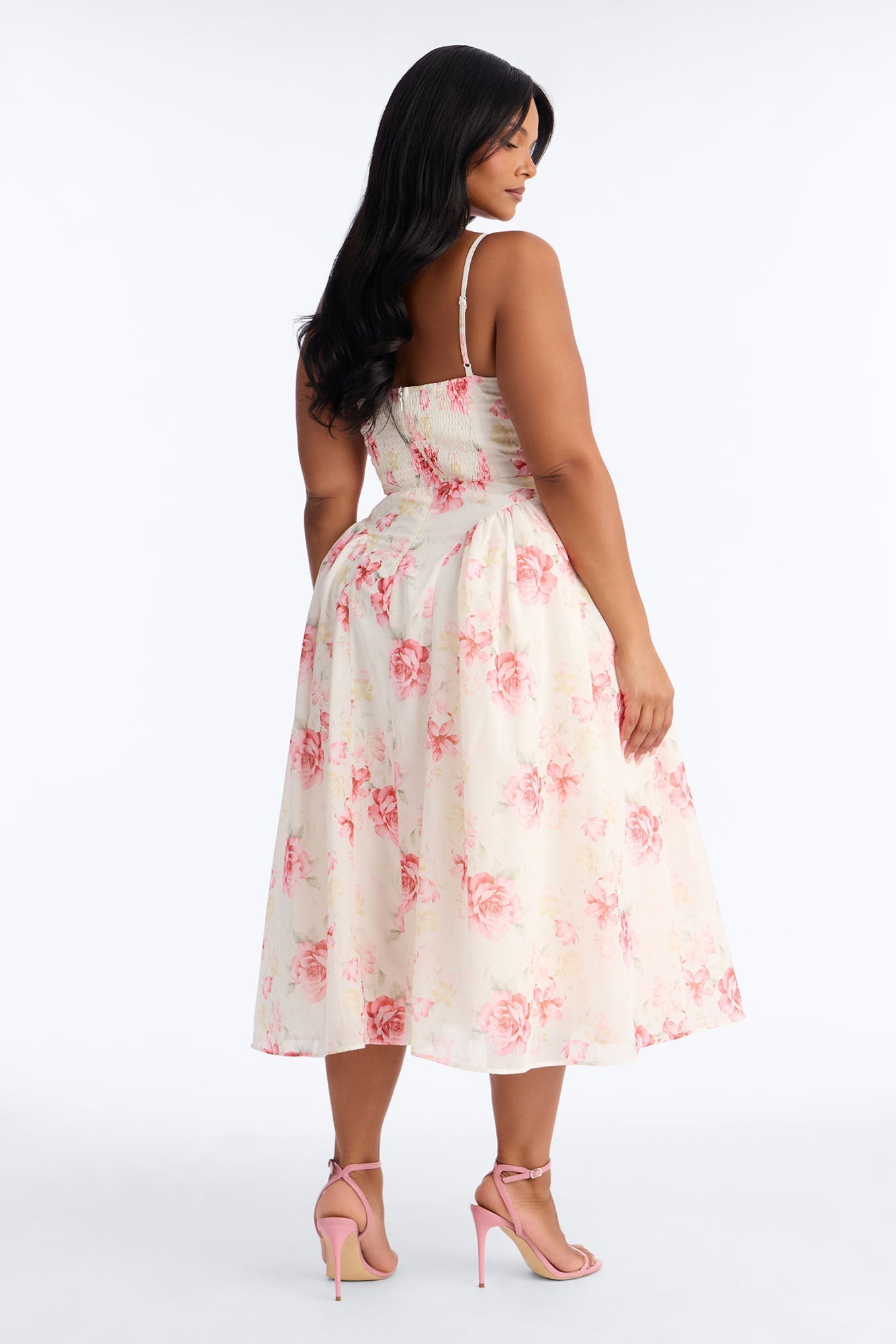 Ariana Floral Chiffon Midi Dress - White/Pink