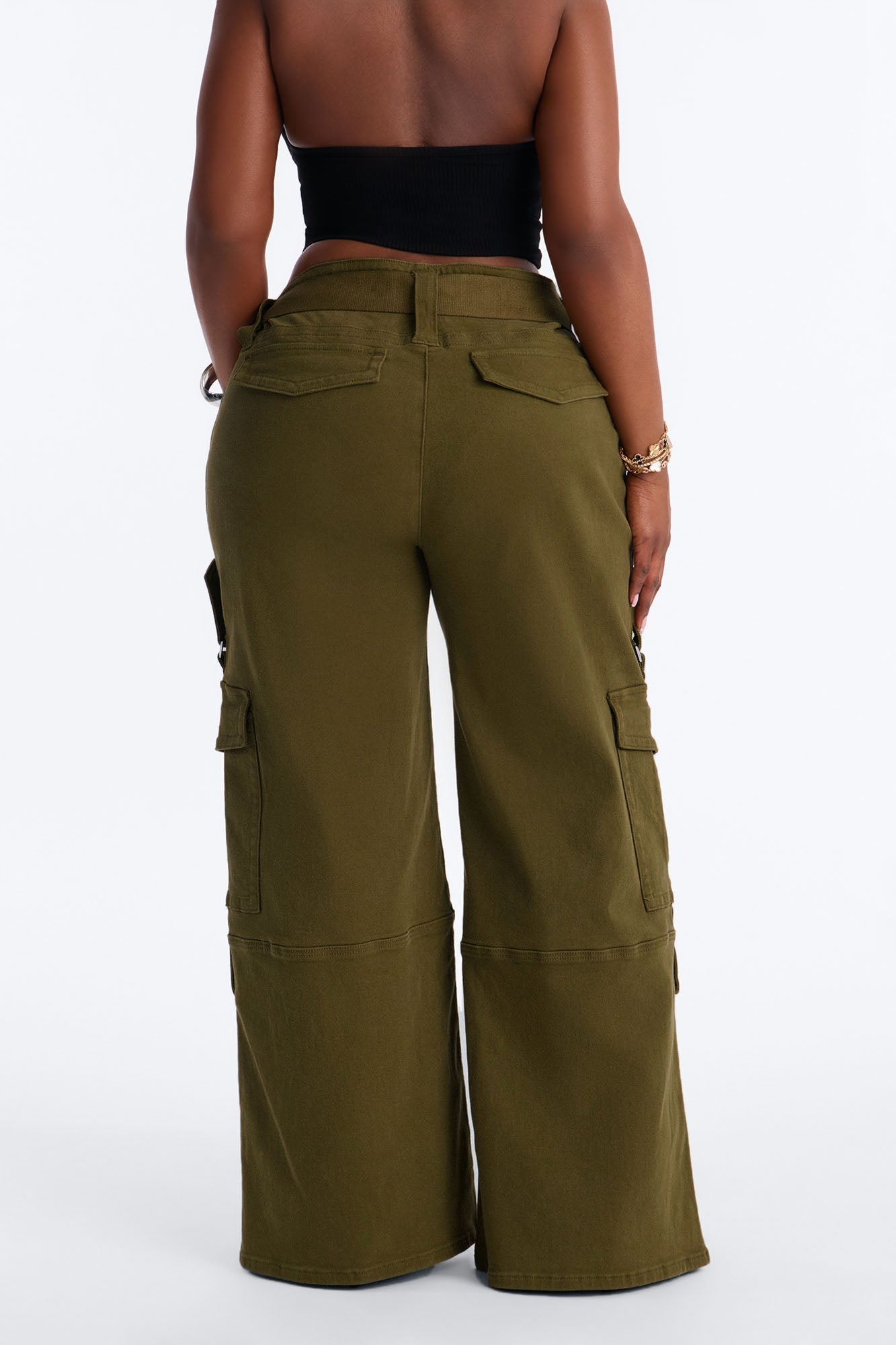 Natalia High Rise Cargo Belted Wide Leg Pant 33″ - Olive
