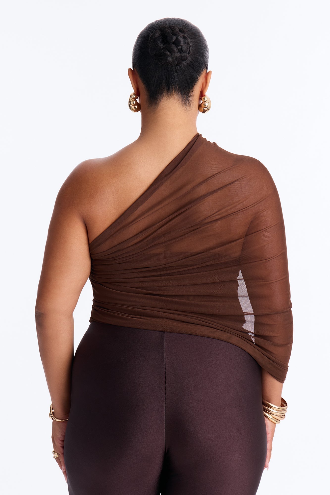 Melissa Ruched Mesh One Shoulder Double Layer Corset Top - Brown NEWFASHIONEDGE