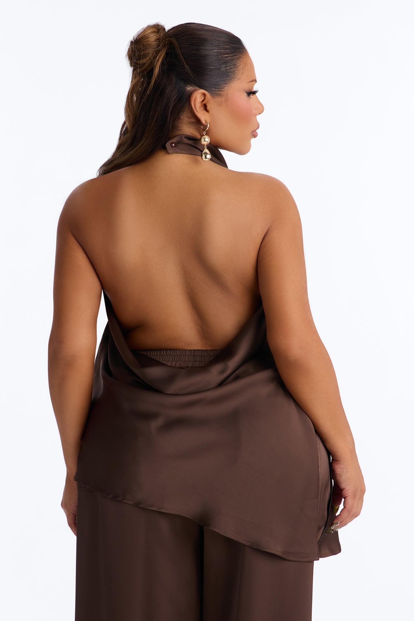 Teagan High Neck Satin Halter Top - Chocolate