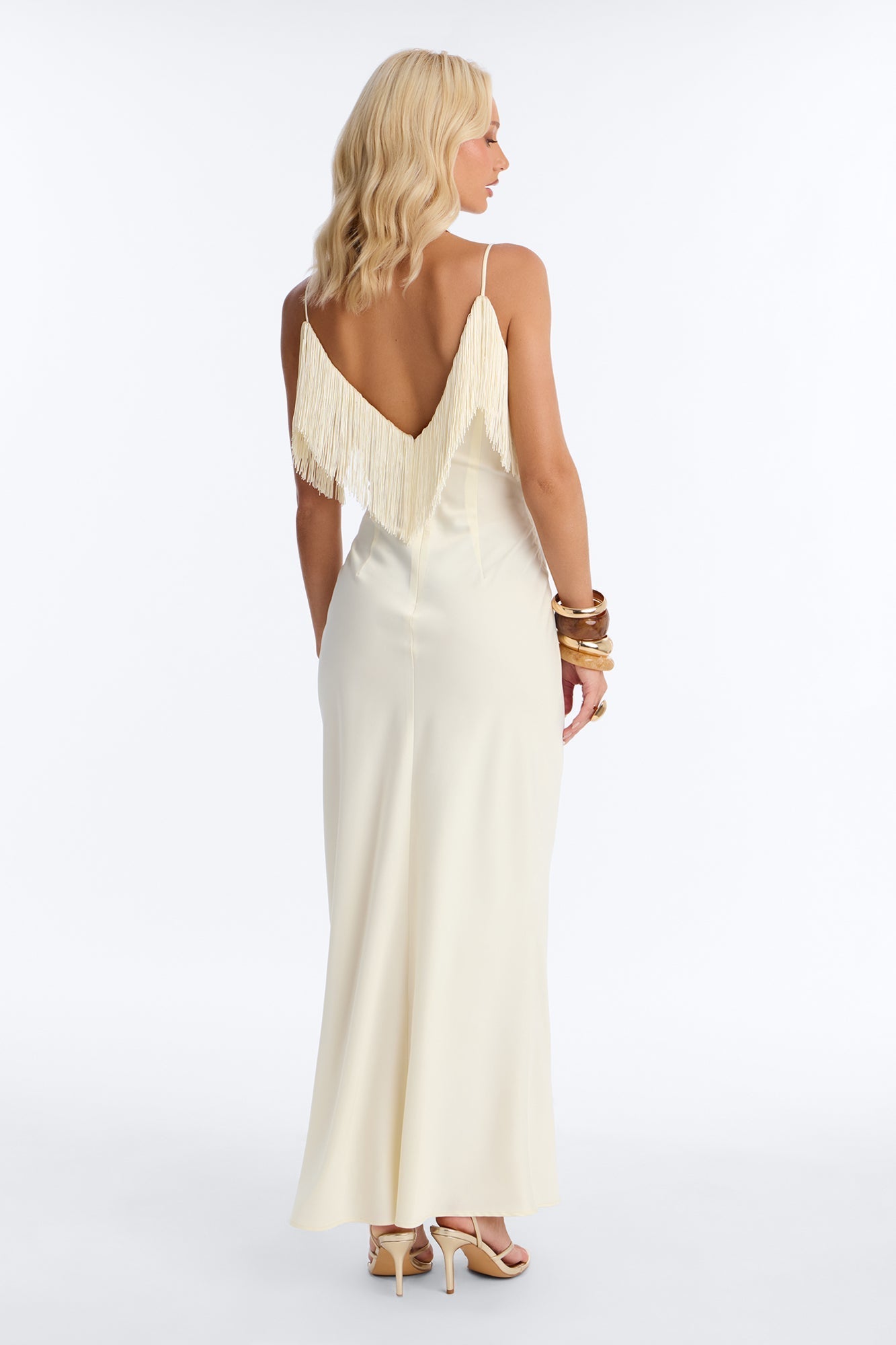 Brielle Satin Fringe Maxi Dress - Ivory