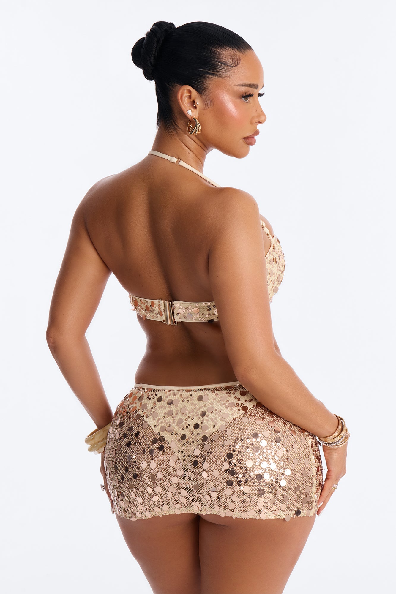 Teagan 3 Piece Sequin Halter Bikini & Cover Up Mini Skirt Sunsuit - Gold