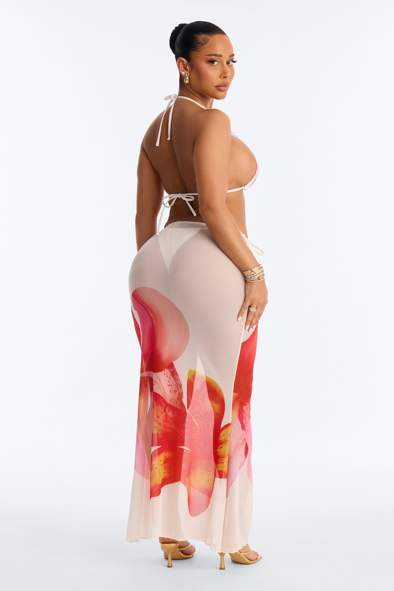 Jestena 3 Piece Floral Triangle Bikini & Mesh Cover Up Maxi Skirt Sunsuit - Multi Color