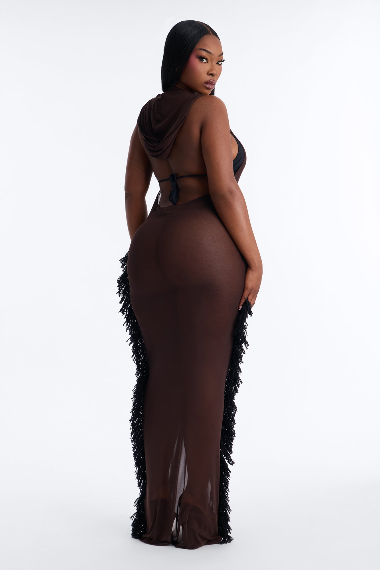 Keep Cool Fringe Hooded Mesh Cover Up Maxi Dress - Chocolate