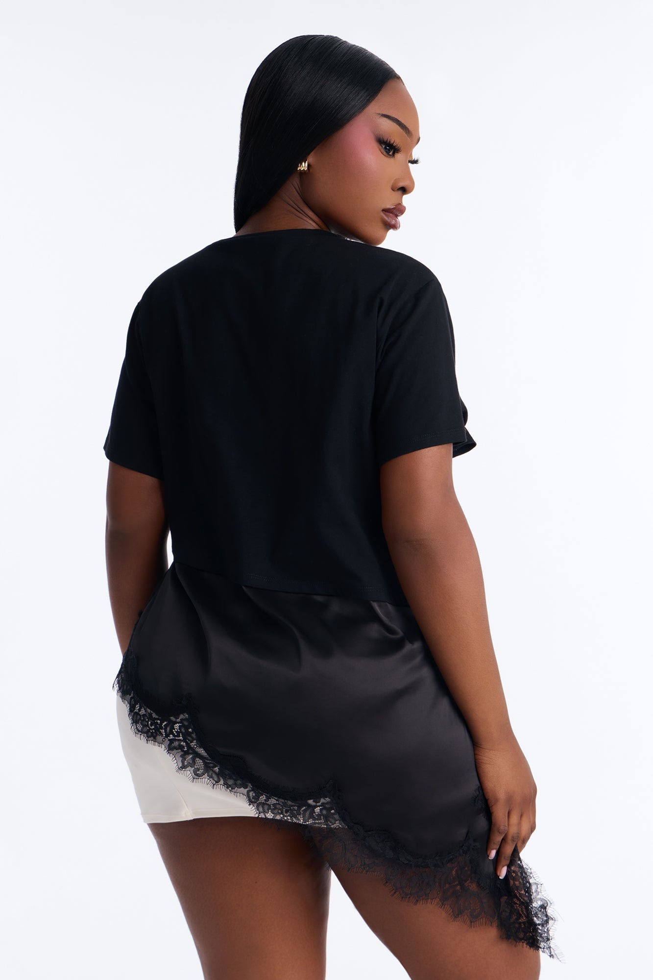 Mia Long Asymmetrical Lace Trim Short Sleeve T-Shirt - Black
