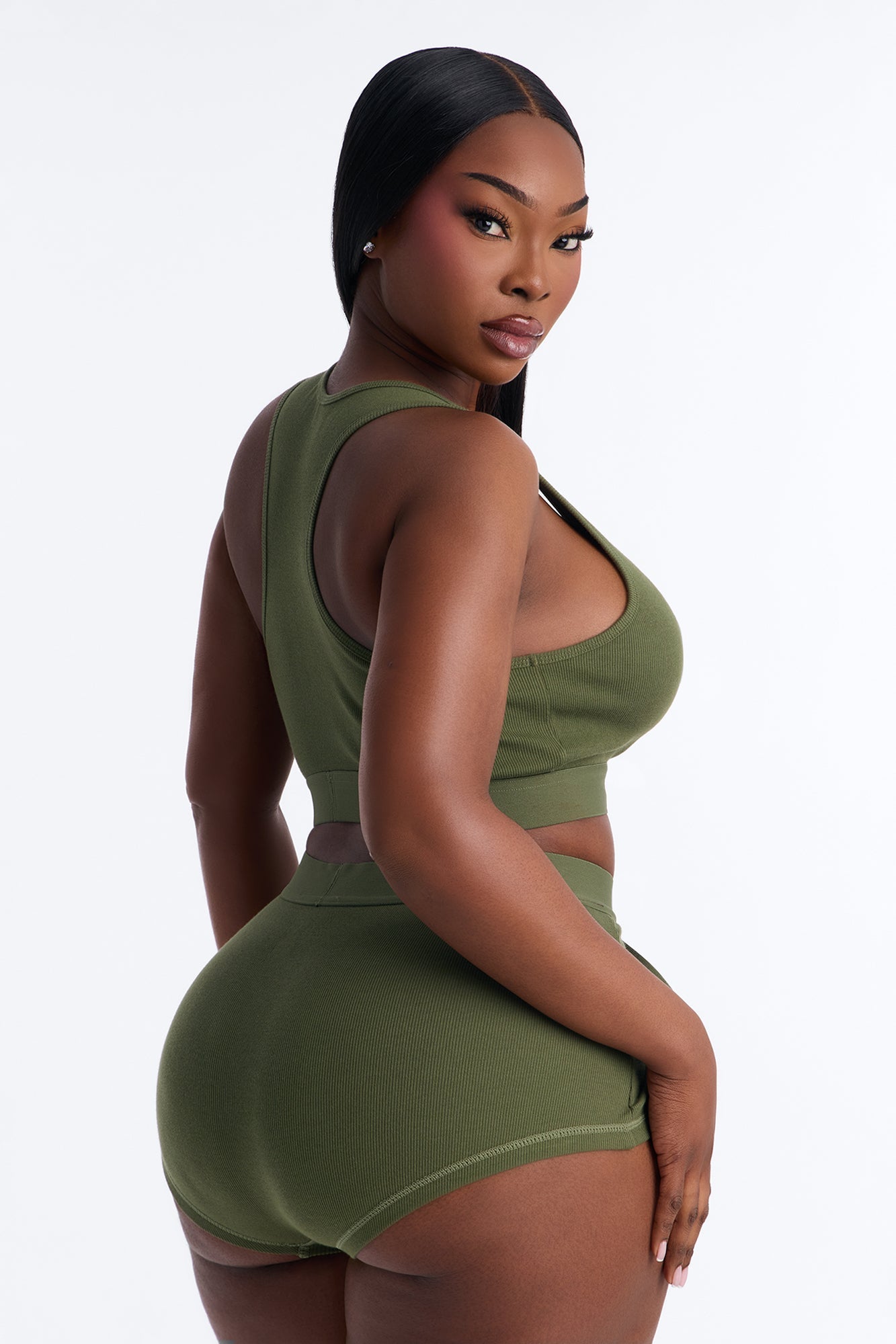FN Mood Cotton Bralette Boxer Short Ribbed Set - Olive