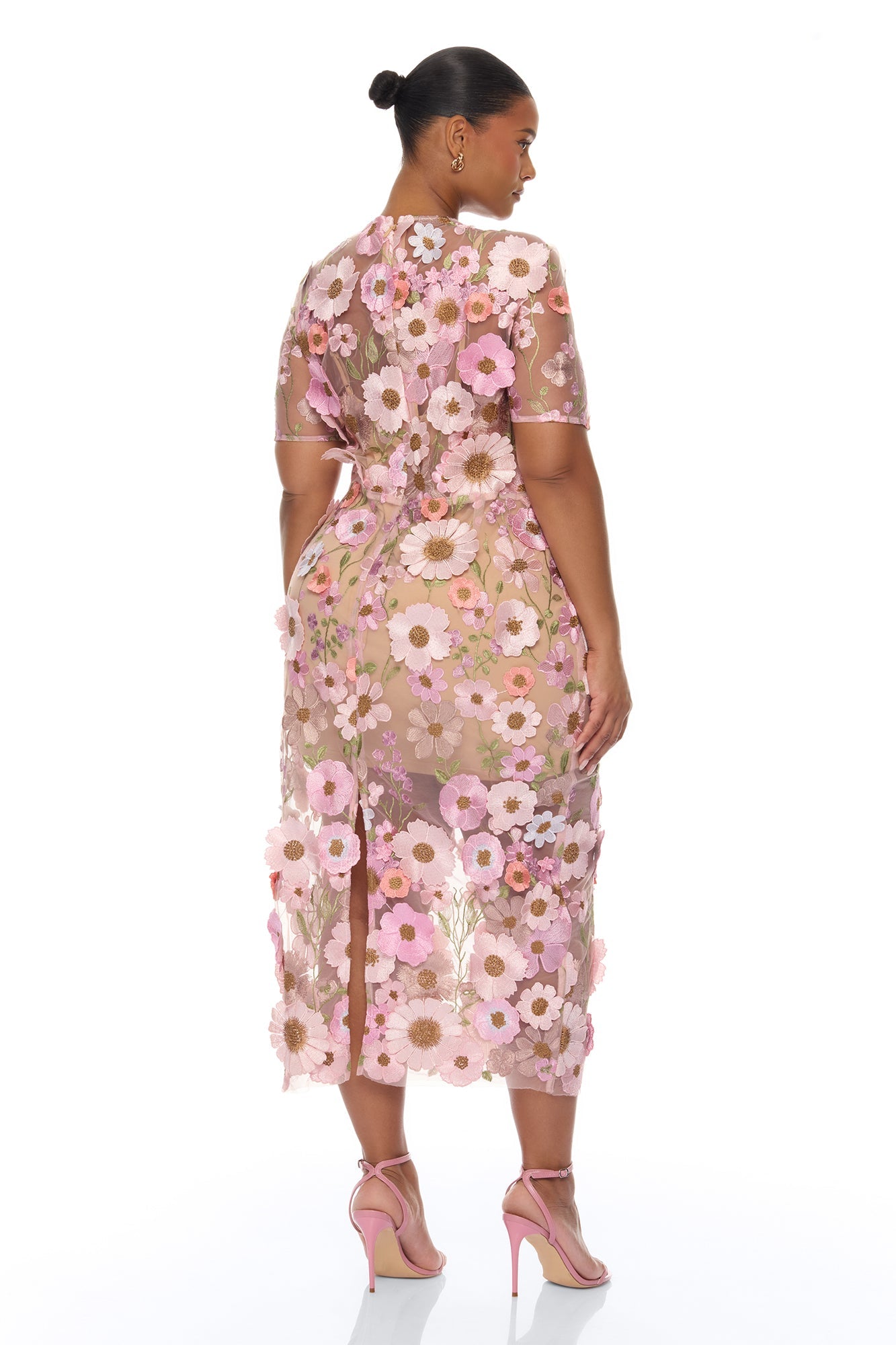 Rosewood Floral Embroidered Mesh Midi Dress - Pink/combo