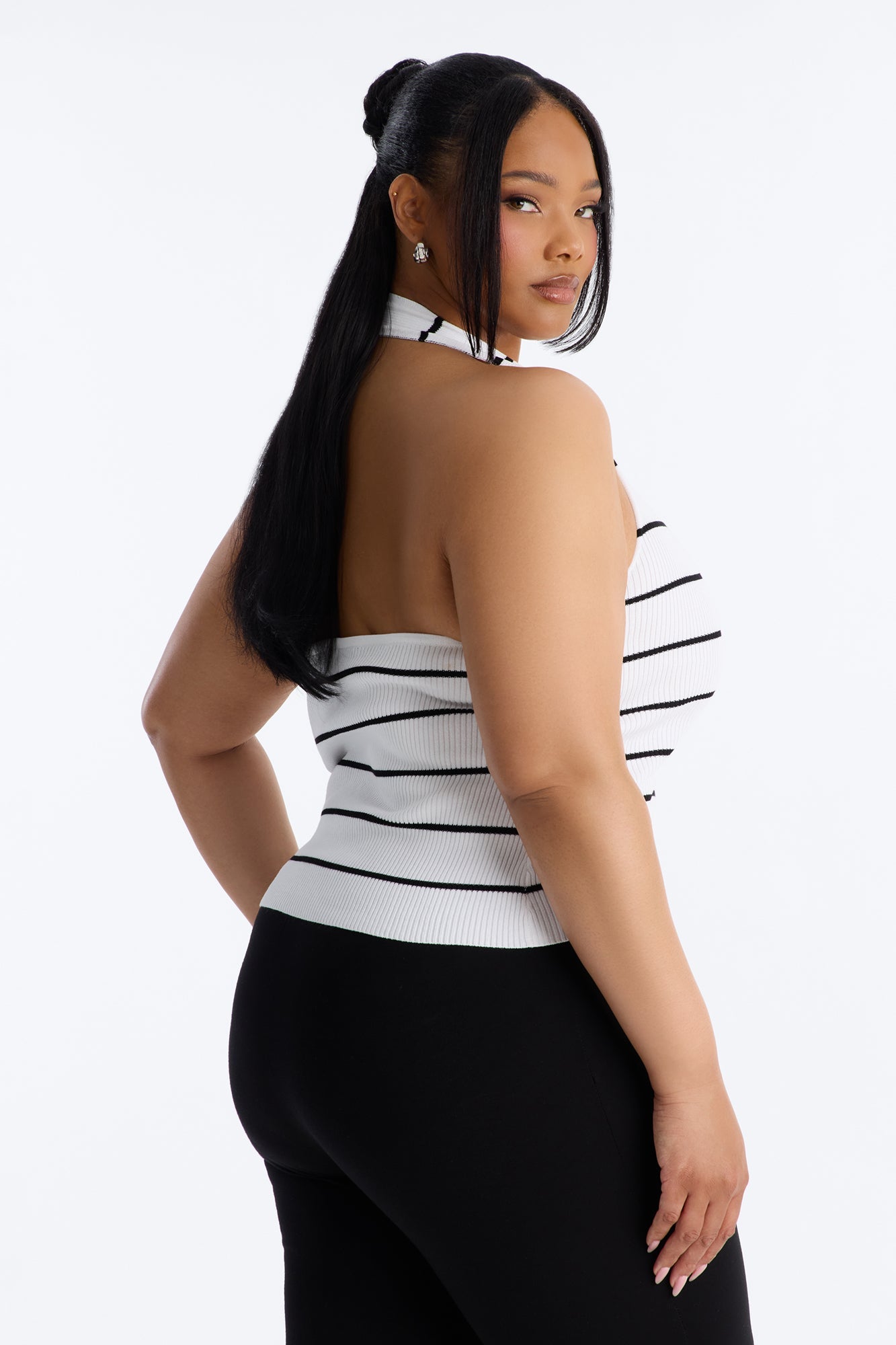 Katrina Striped Ribbed Halter Top - Ivory/combo