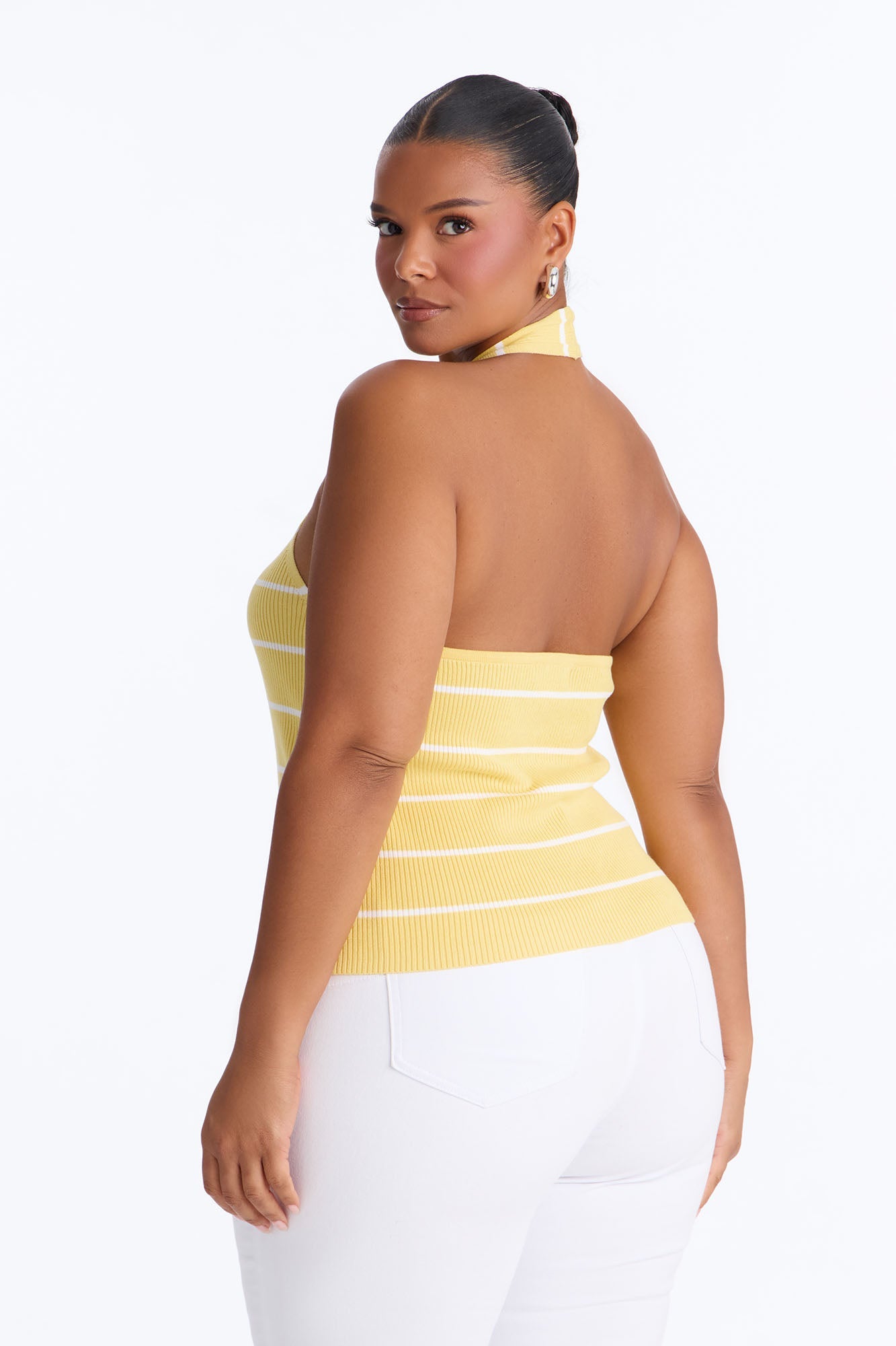 Katrina Striped Ribbed Halter Top - Yellow/combo