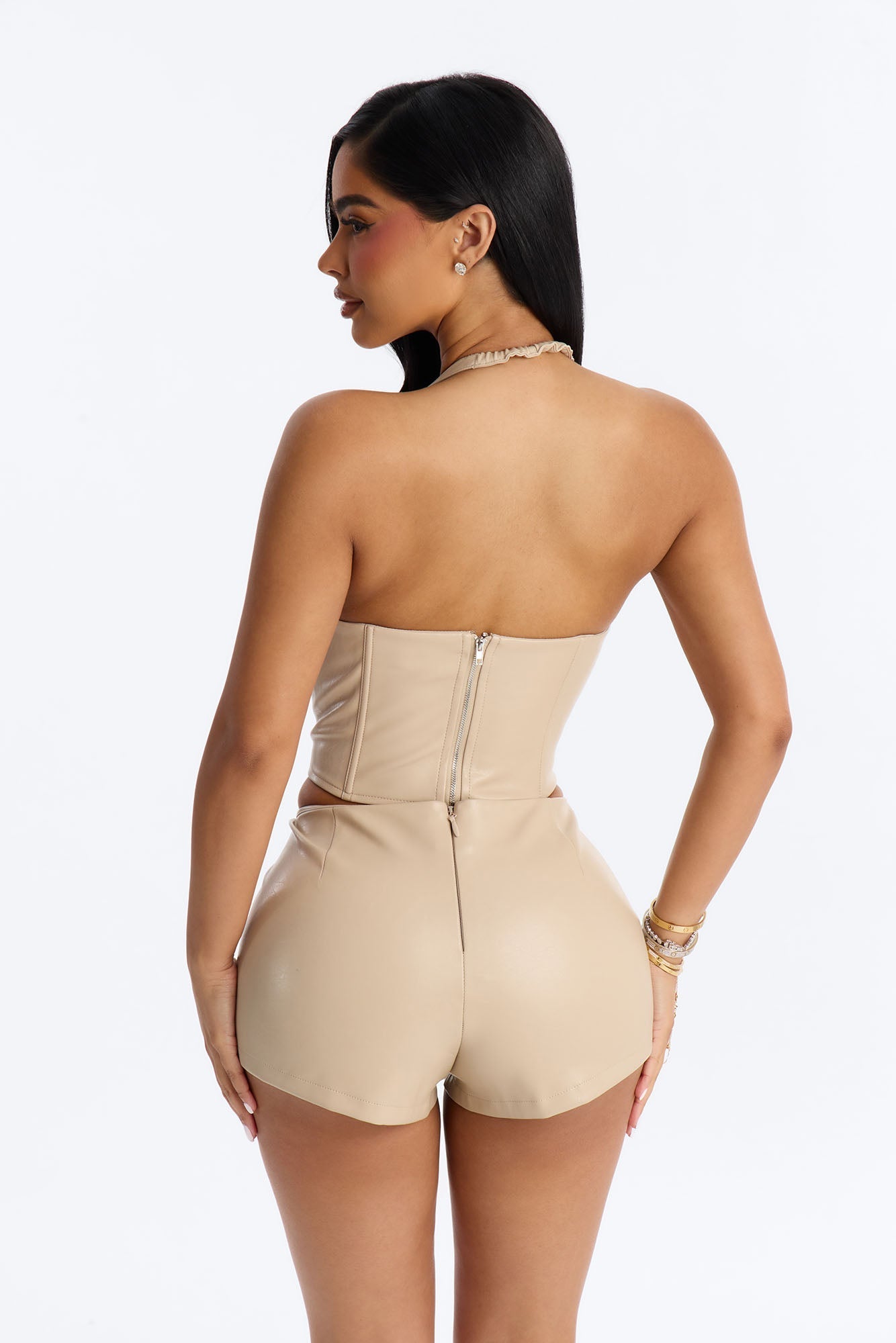 Stunner Studded Faux Leather Short Set - Taupe